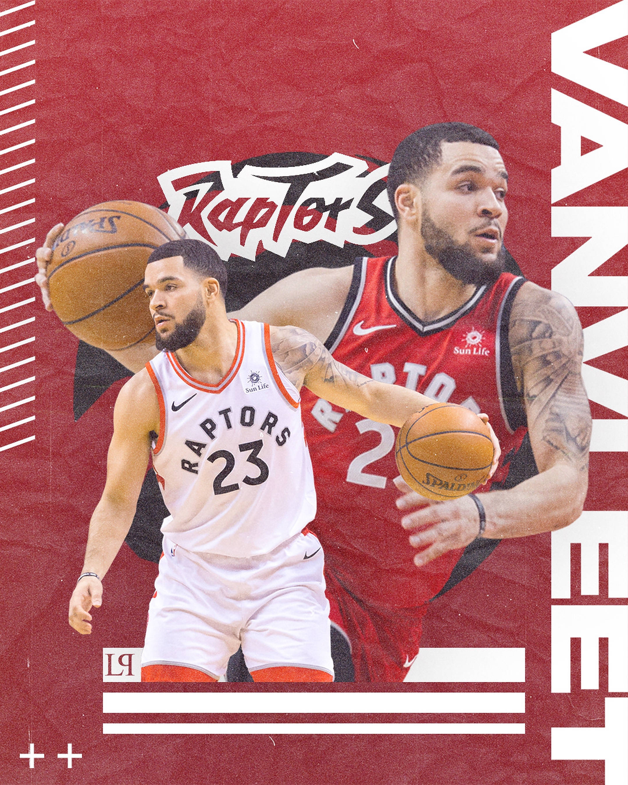 Fred Vanvleet 身穿多倫多暴龍隊球衣比賽瞬間 壁紙 — 兩位多倫多速龍隊籃球運動員在帶有球隊品牌標誌的醒目紅色紋理背景上擺出動作姿勢。