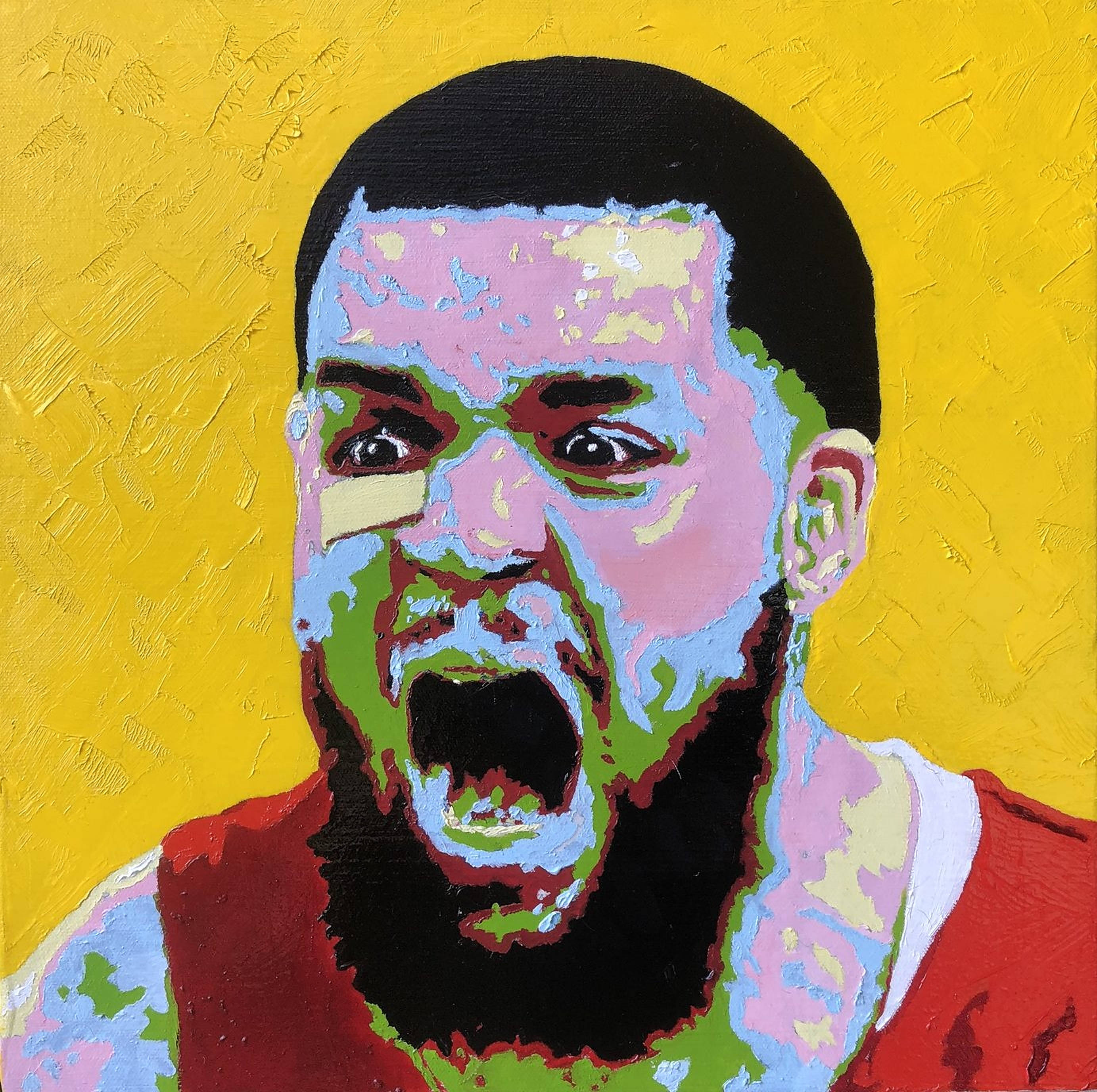 Fred Vanvleet 波普藝術 壁紙 — 一幅充滿活力的油畫，描繪一個鬍鬚男在紋理黃色背景上，帶著強烈情感尖叫。