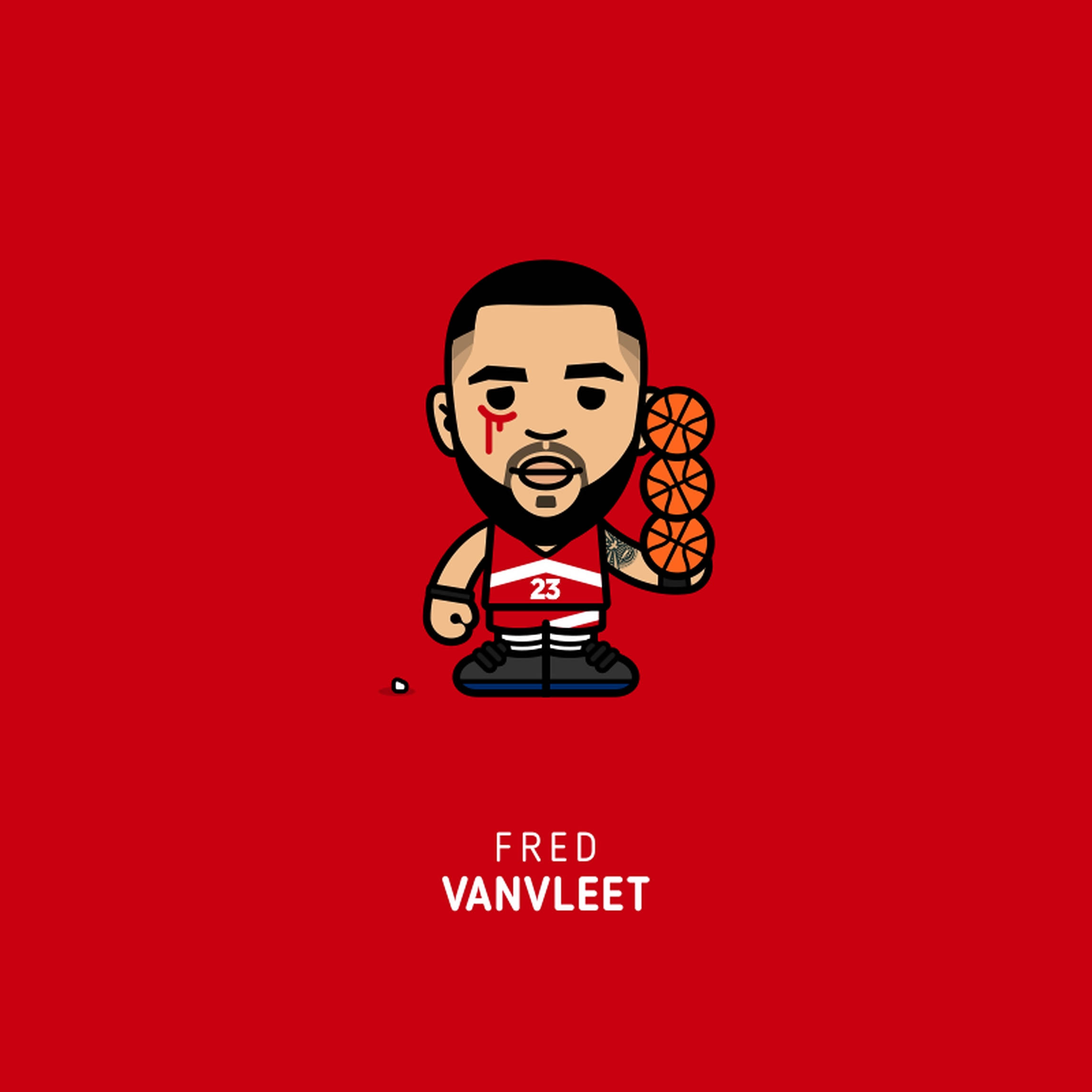 Fred Vanvleet Q版藝術風格 壁紙 — 一個臉頰流血的可愛風格籃球運動員，在純紅色背景上拿著三個籃球。