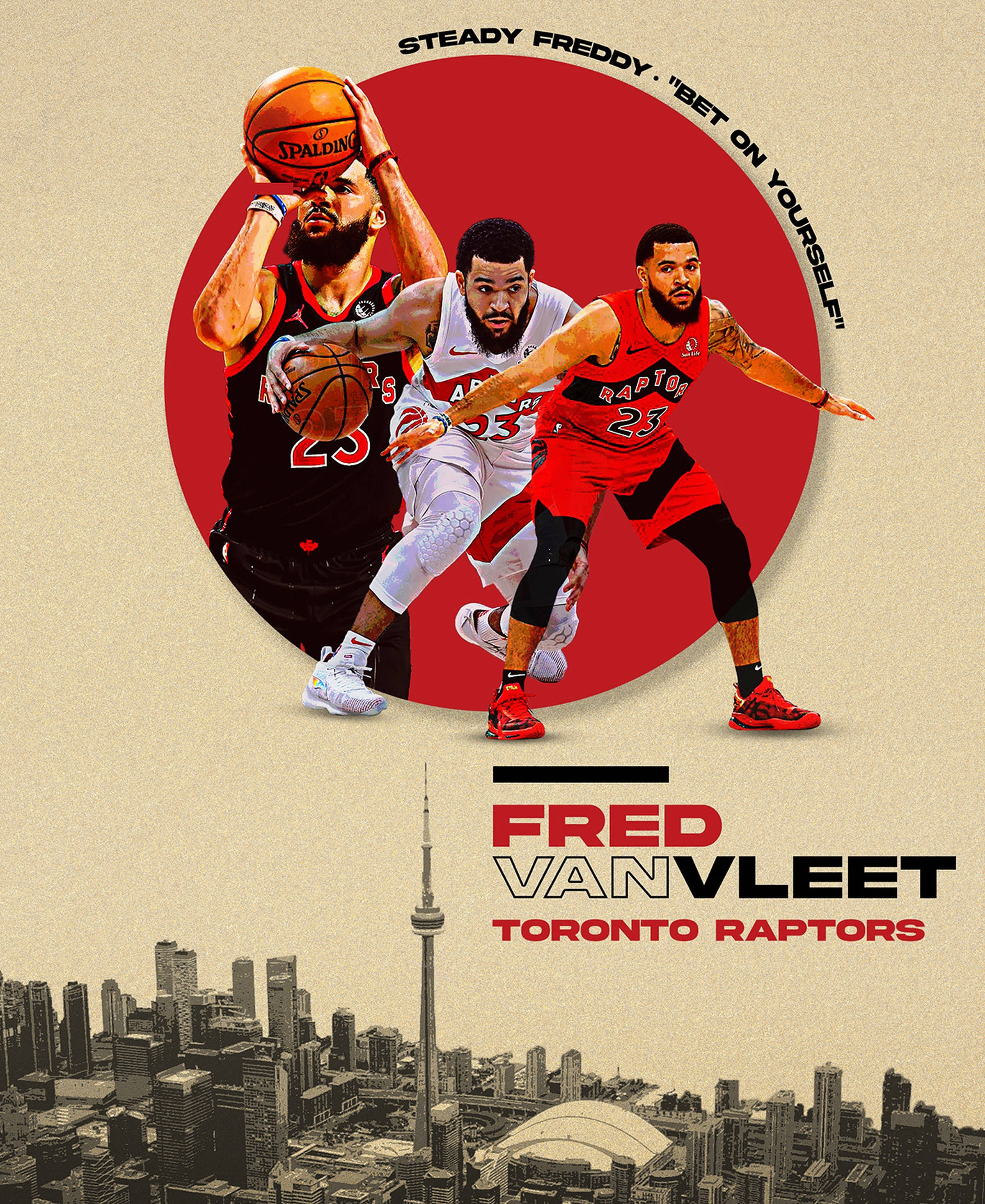 Fred Vanvleet 多倫多暴龍隊 壁紙 — 三位多倫多速龍隊籃球運動員以動態姿勢出現在黑白城市景觀之上，其中包含CN塔。