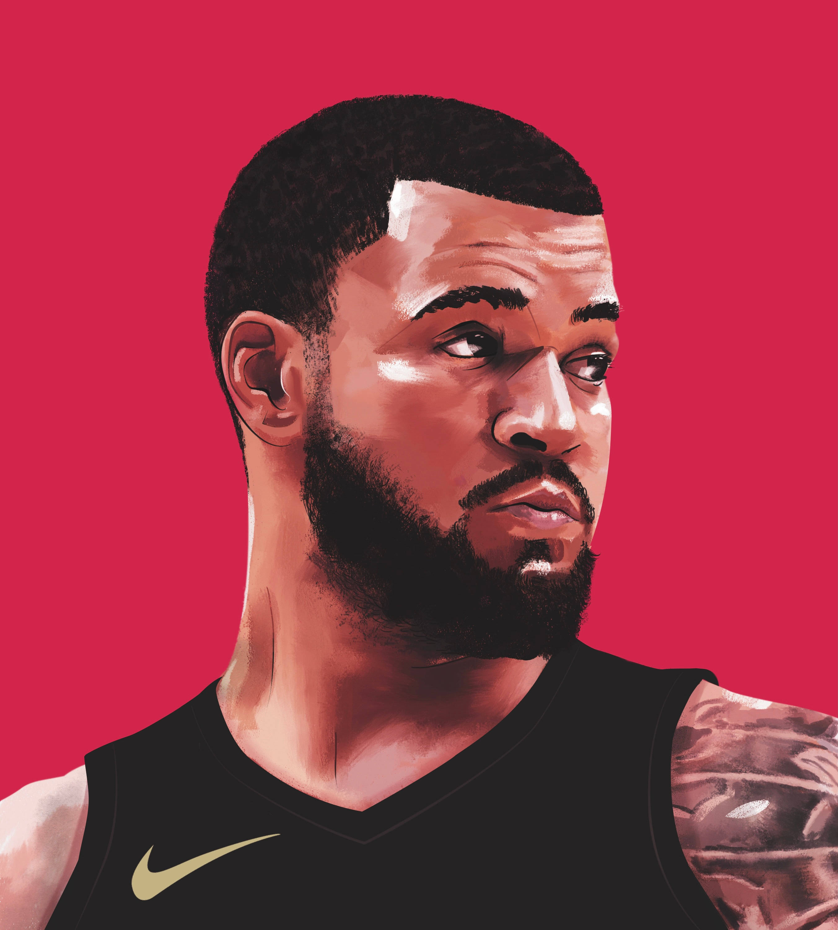 Fred Vanvleet 數位藝術 壁紙 — 一個風格化的數碼肖像，描繪一位留鬍子的籃球運動員穿著黑色球衣，背景為大膽的紅色。