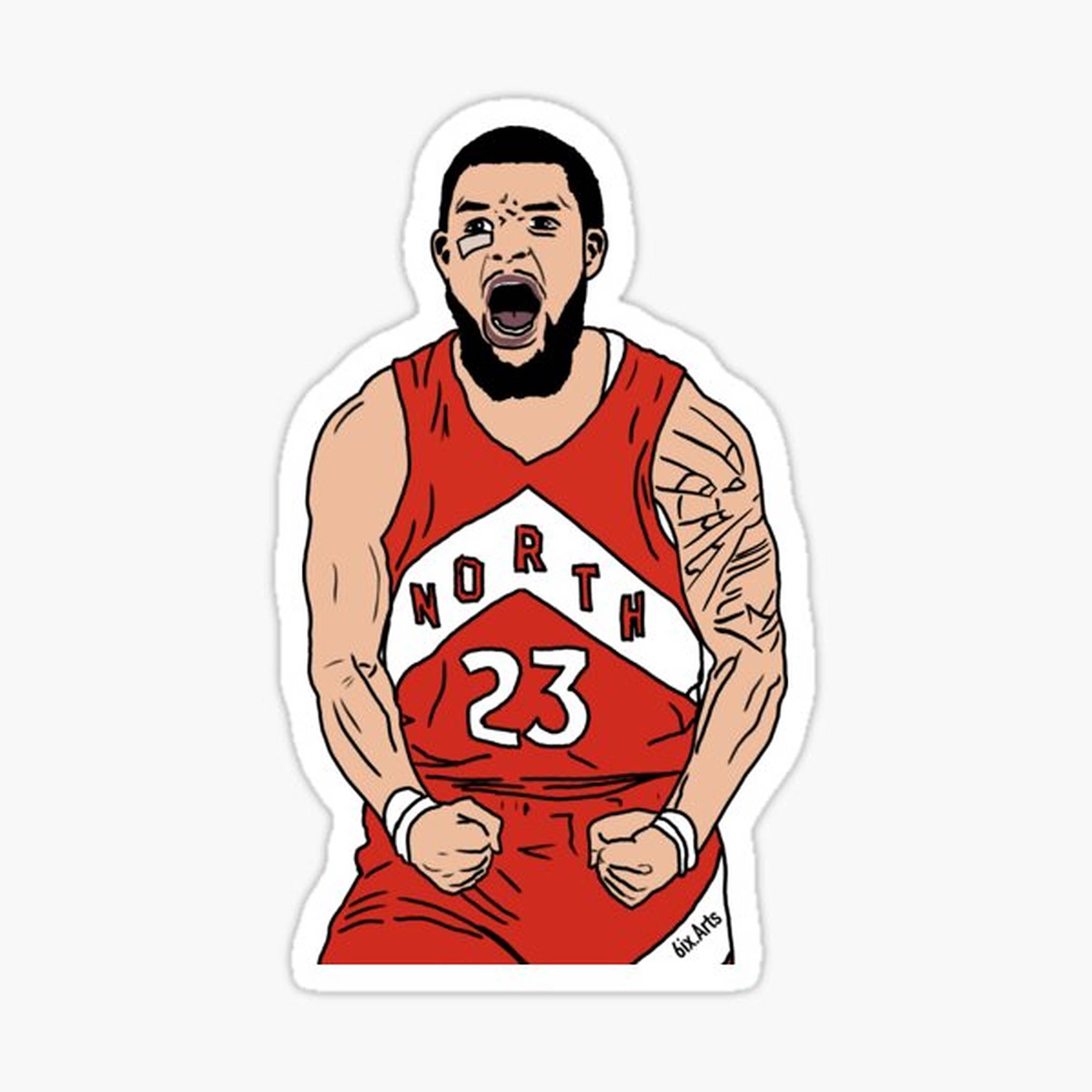 Fred Vanvleet 向量藝術 壁紙 — 一個卡通籃球運動員穿著紅色 'NORTH 23' 球衣，在純色背景前握緊拳頭怒吼。