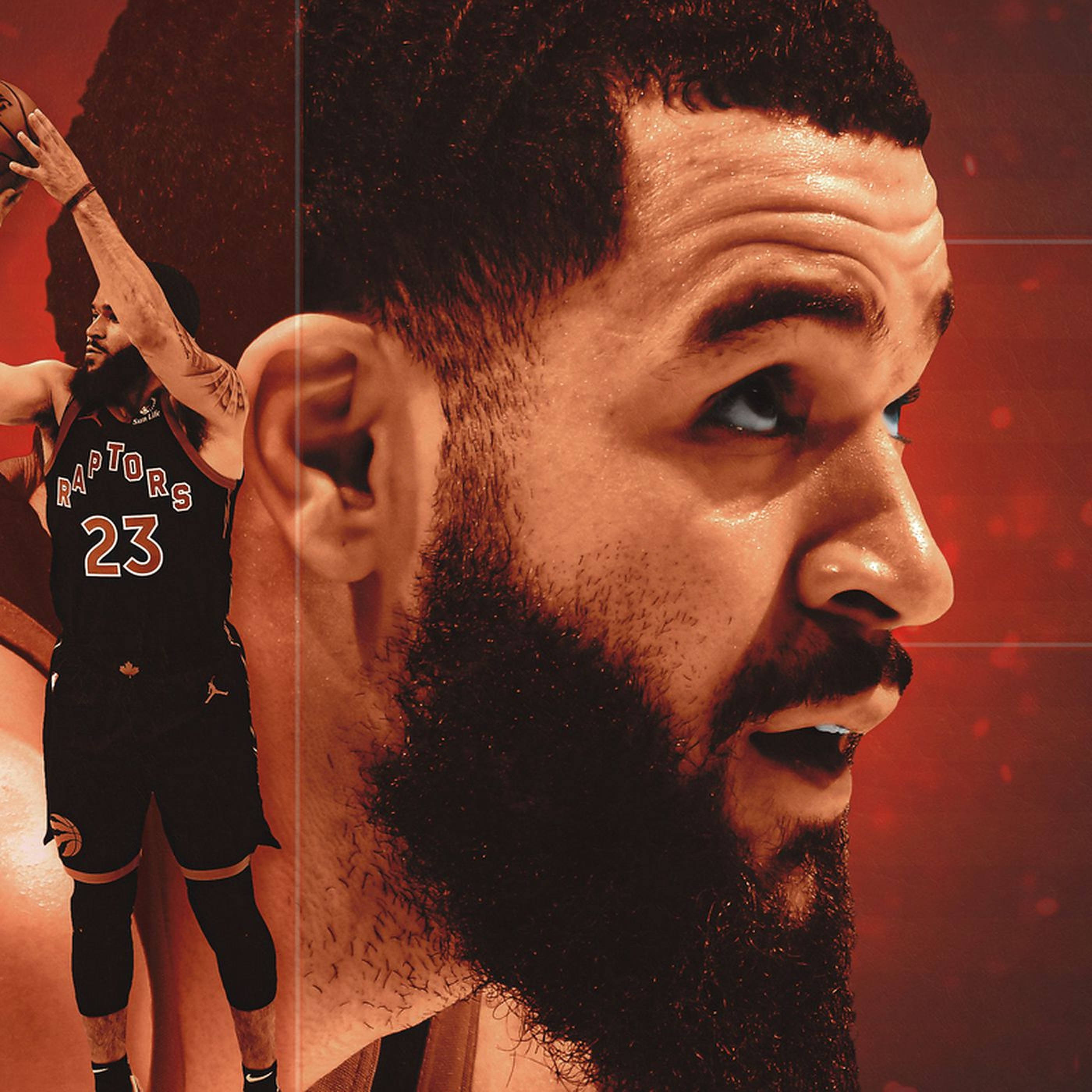 Fred Vanvleet 側面特寫 壁紙 — 近距離拍攝一名留鬍子的籃球運動員身穿速龍隊球衣，在火紅背景下投籃的瞬間。