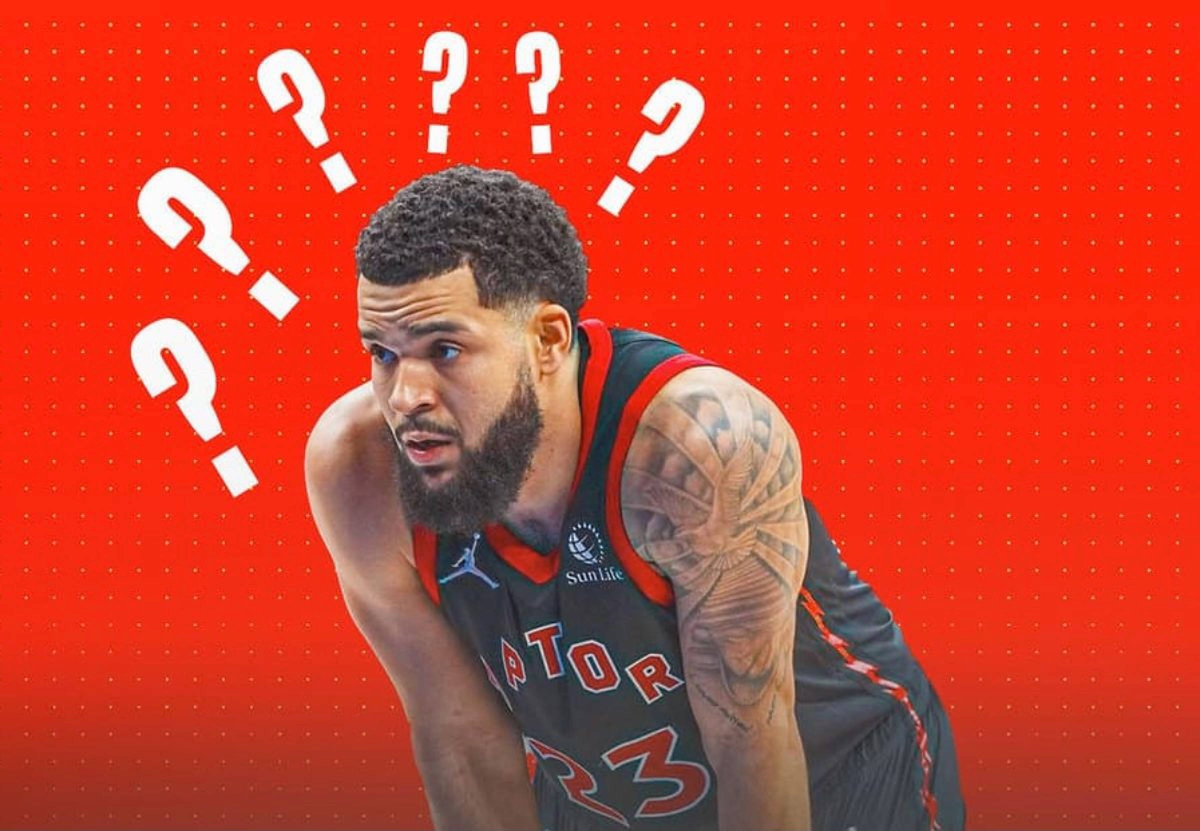 Fred Vanvleet 問號藝術 壁紙 — 一名身穿多倫多速龍隊球衣的籃球運動員，在紅色圓點背景上，頭頂浮現問號，看起來很困惑。
