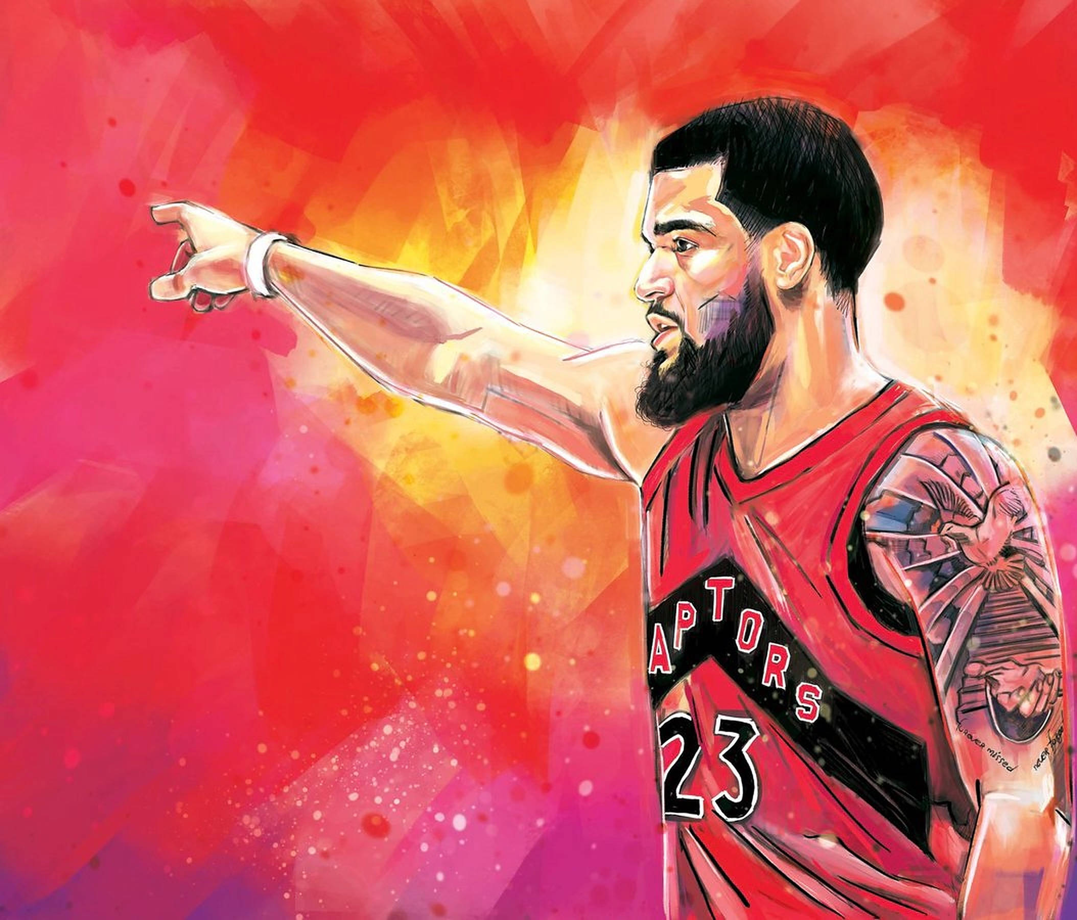 Fred Vanvleet 數位插畫 壁紙 — 一幅動態水彩插圖，描繪一位留鬍子的籃球運動員身穿紅色Raptors球衣，在熾熱的紅橙色抽象背景前向前指。