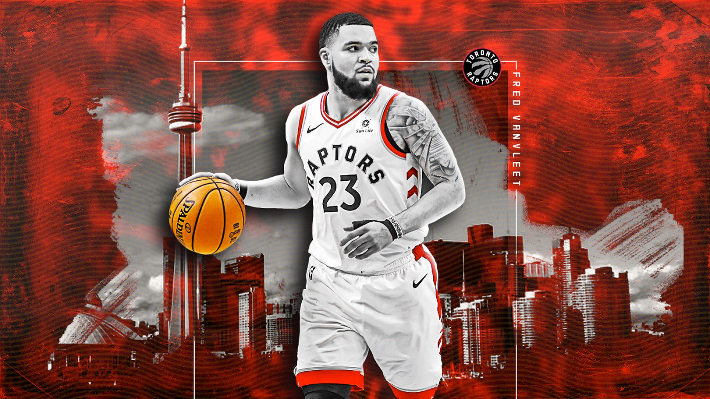 Fred Vanvleet 暴龍隊關鍵藝術 壁紙 — 一名身穿速龍隊球衣的籃球運動員，在風格化的紅色多倫多天際線（包括CN塔）前持球。