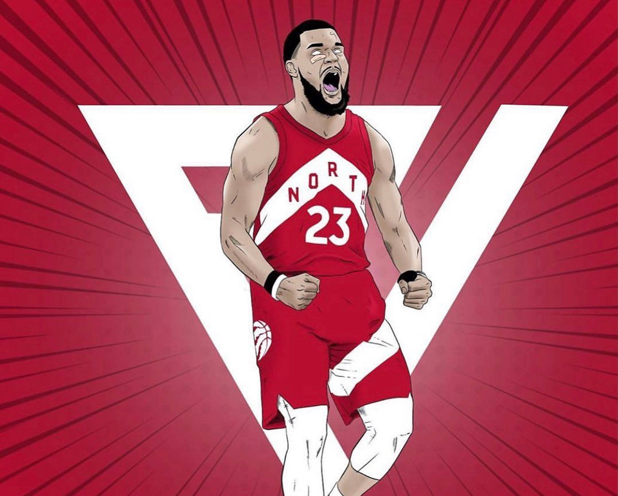 Fred Vanvleet 暴龍隊向量藝術 壁紙 — 一名身穿多倫多紅色23號球衣的籃球運動員，在鮮明的紅白三角形背景前發出勝利的怒吼。