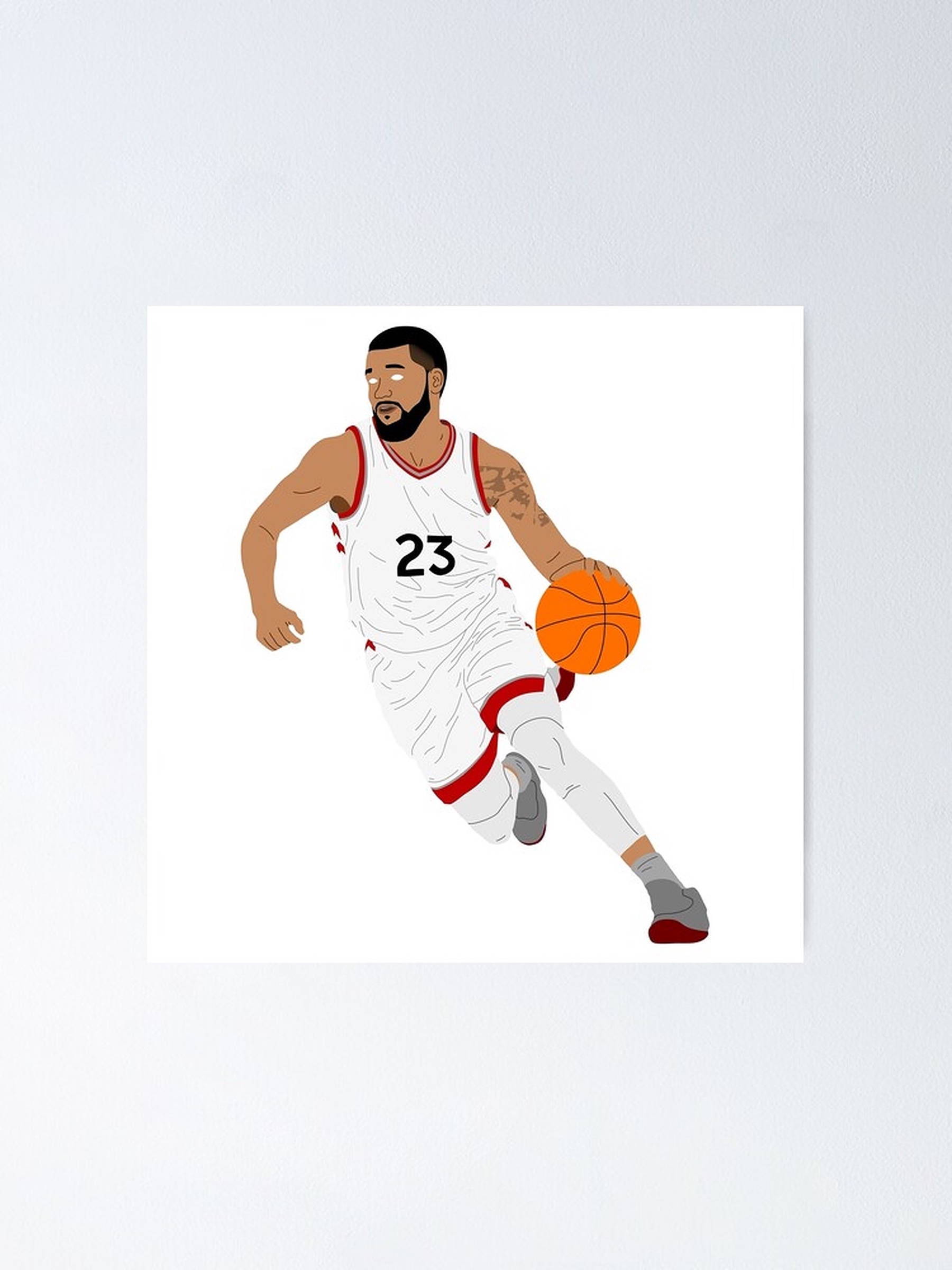 Fred Vanvleet 極簡藝術 壁紙 — 身穿白色球衣、背號23的籃球運動員動態運球的插圖。