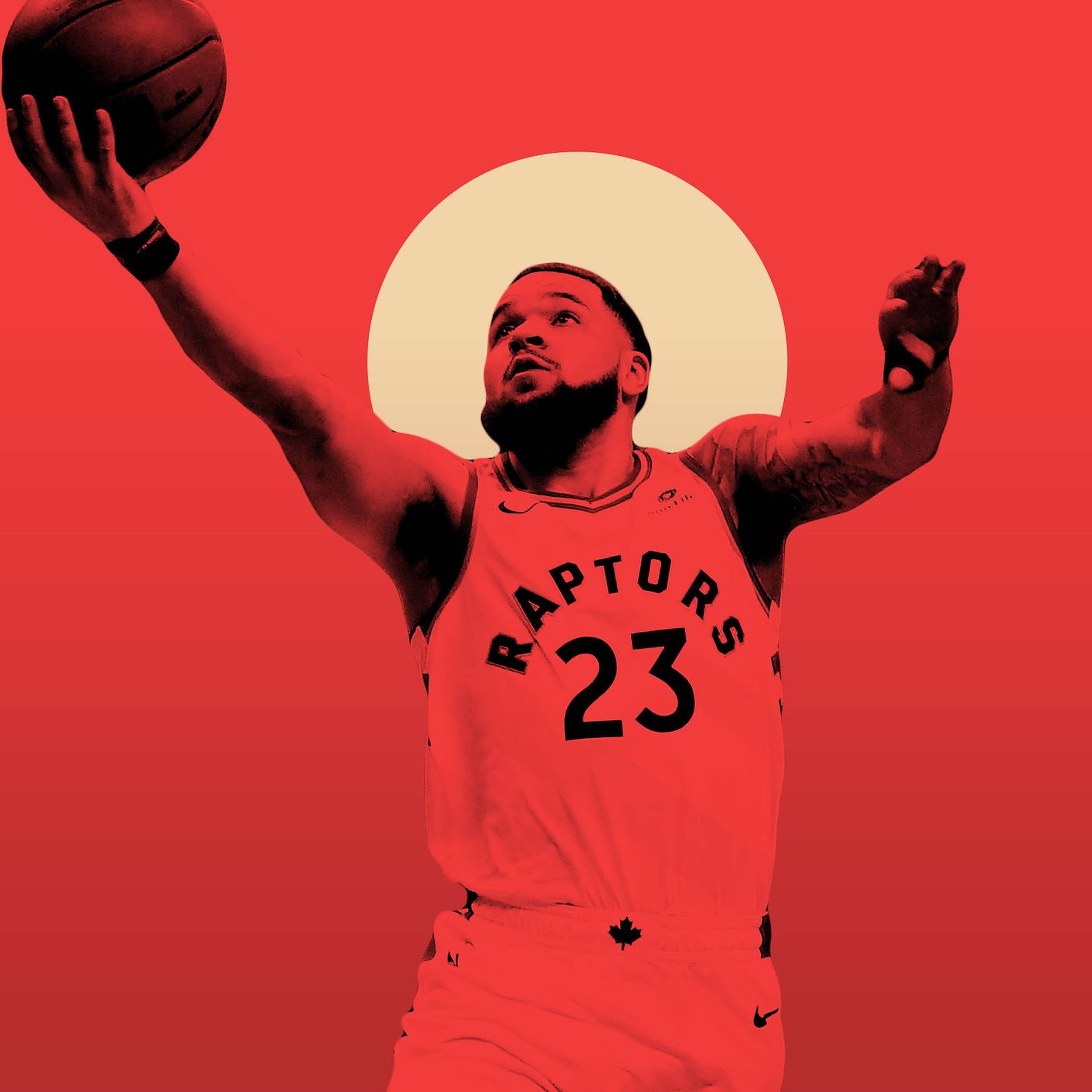 Fred Vanvleet 紅色藝術作品 壁紙 — 一名身穿速龍隊球衣的籃球運動員在鮮紅色背景前投籃，身後有一輪發光的圓形太陽。