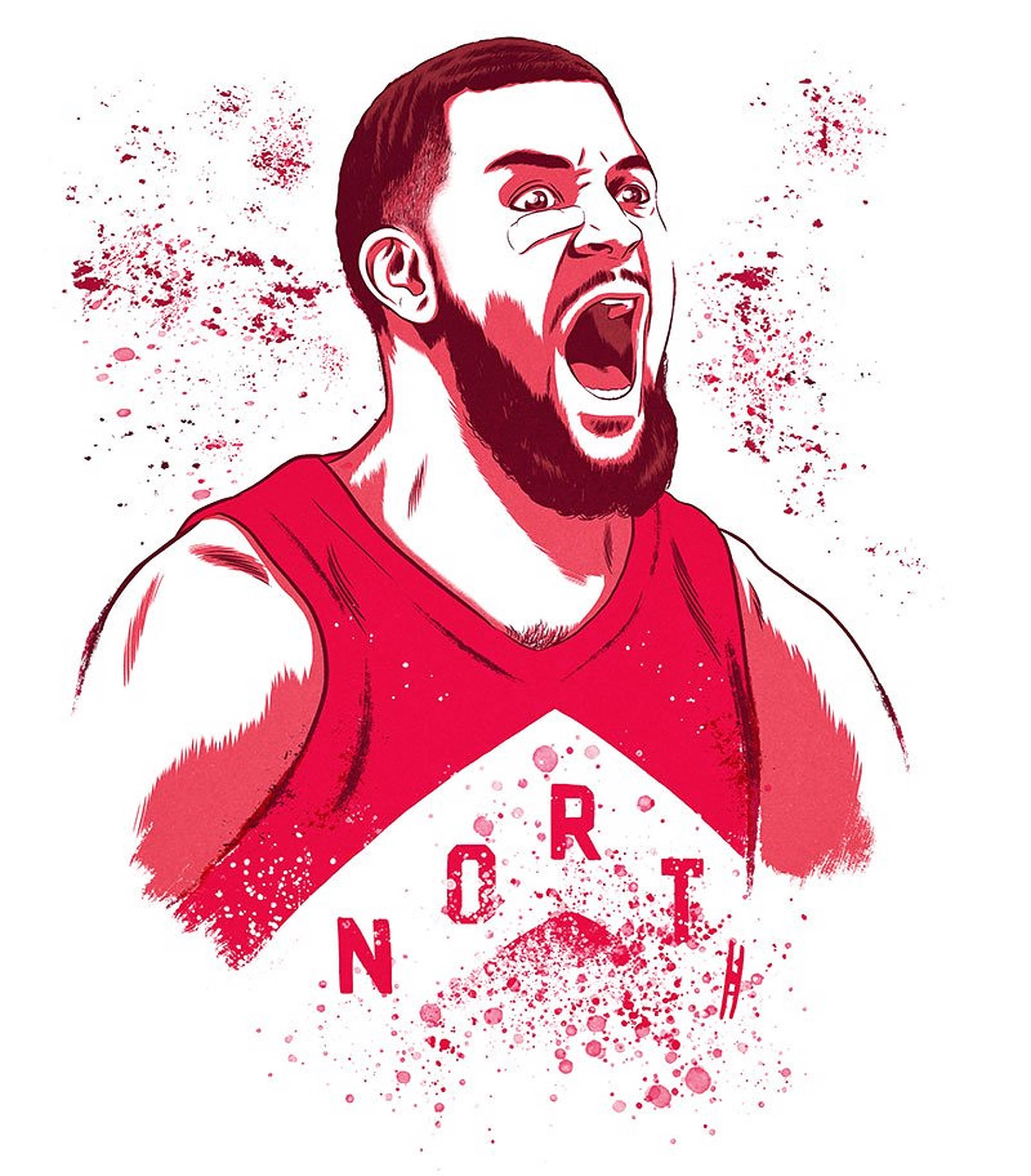 Fred Vanvleet 紅色潑墨藝術 壁紙 — 一個風格化的插圖，描繪一位留鬍子的籃球運動員穿著紅色球衣尖叫，周圍有紅色飛濺效果。