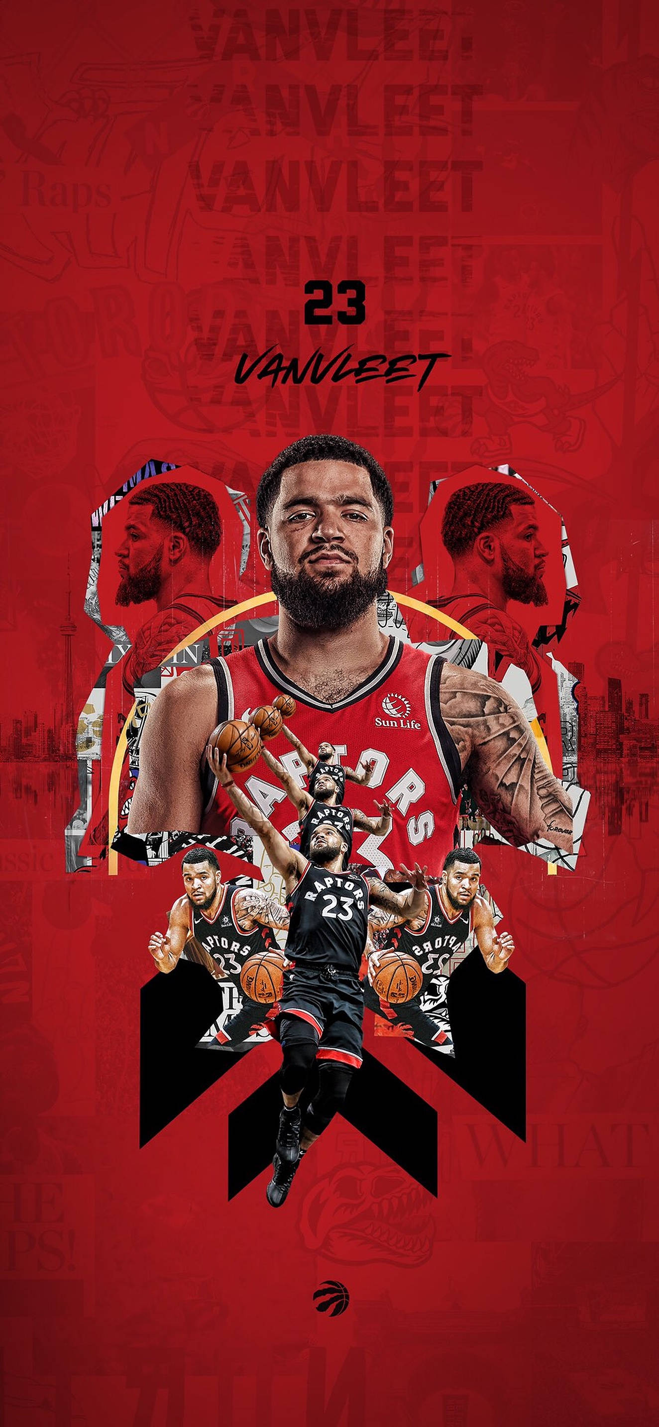 Fred Vanvleet 紅色美學 壁紙 — 一張動態數碼拼貼畫，展示籃球運動員弗雷德·範弗利特的多個動作姿勢，背景為大膽的紅色，並重複出現他的名字和23號球衣號碼。
