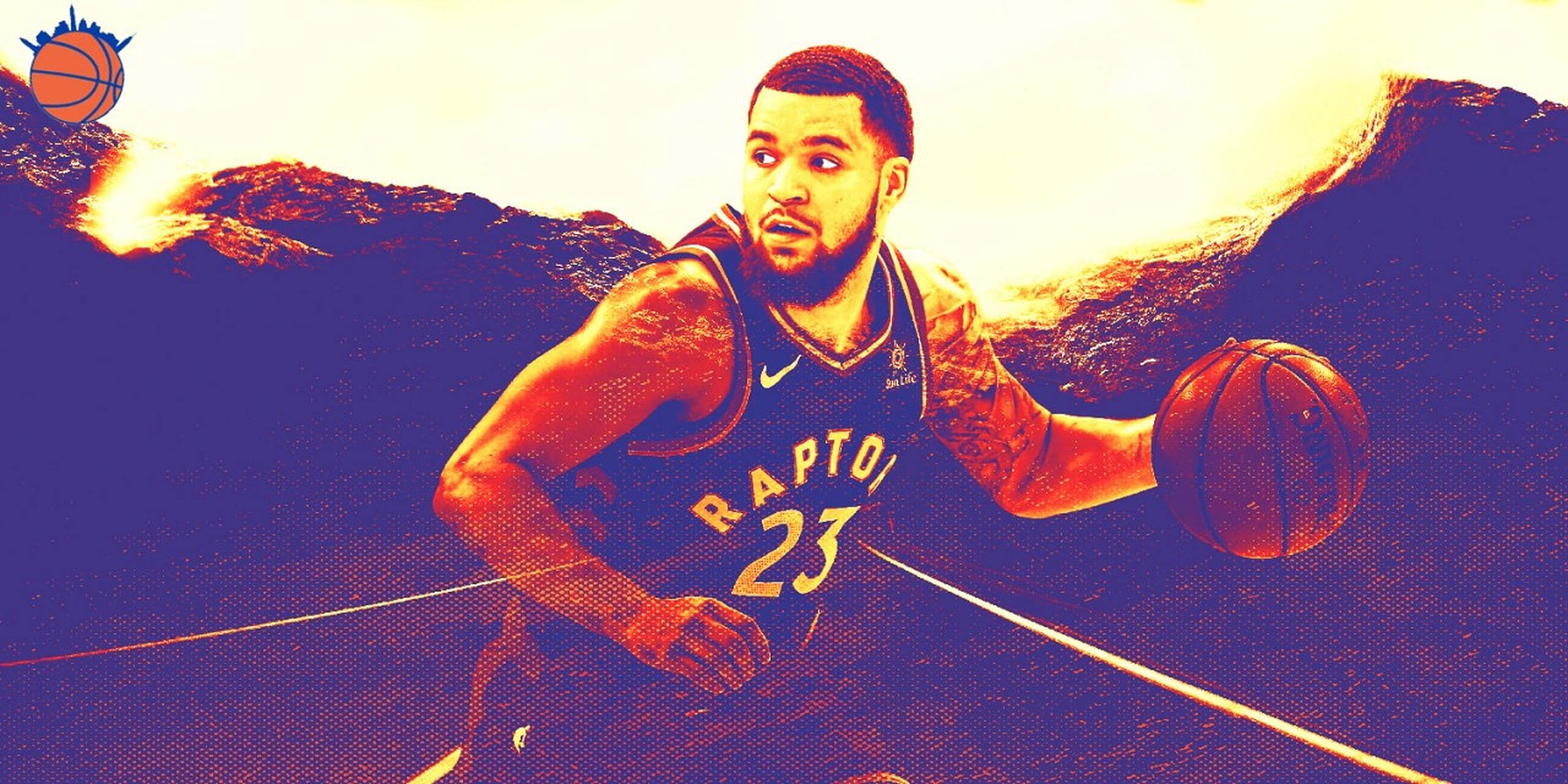 Fred Vanvleet 紫色藝術 壁紙 — 一名身穿Raptors球衣的籃球運動員在風格化的山脈背景下運球，色彩分級強烈。