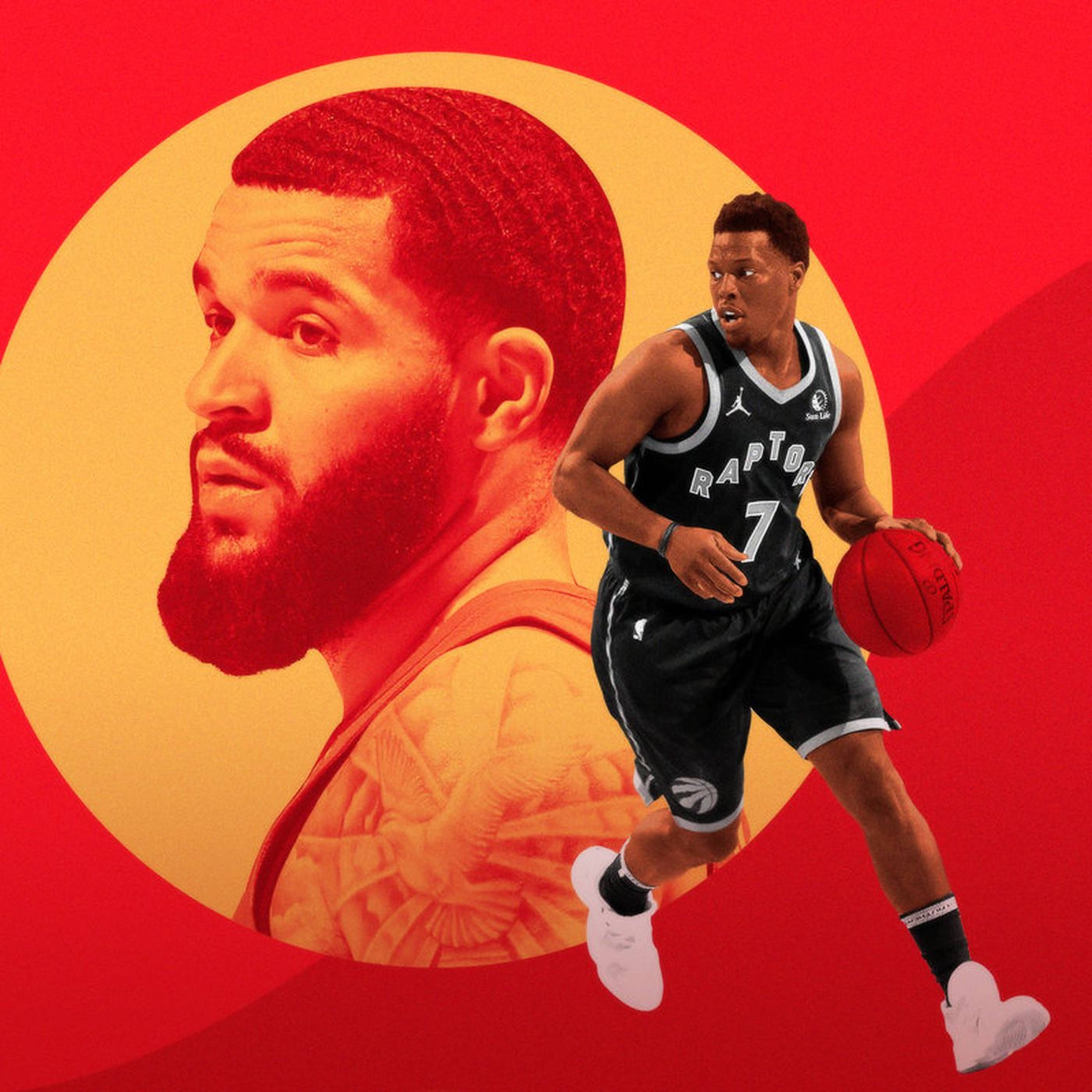 Fred Vanvleet 與 Kyle Lowry 壁紙 — 一名身穿速龍球衣的動感籃球運動員，在帶有風格化肖像的醒目紅橙色圓形背景前運球。