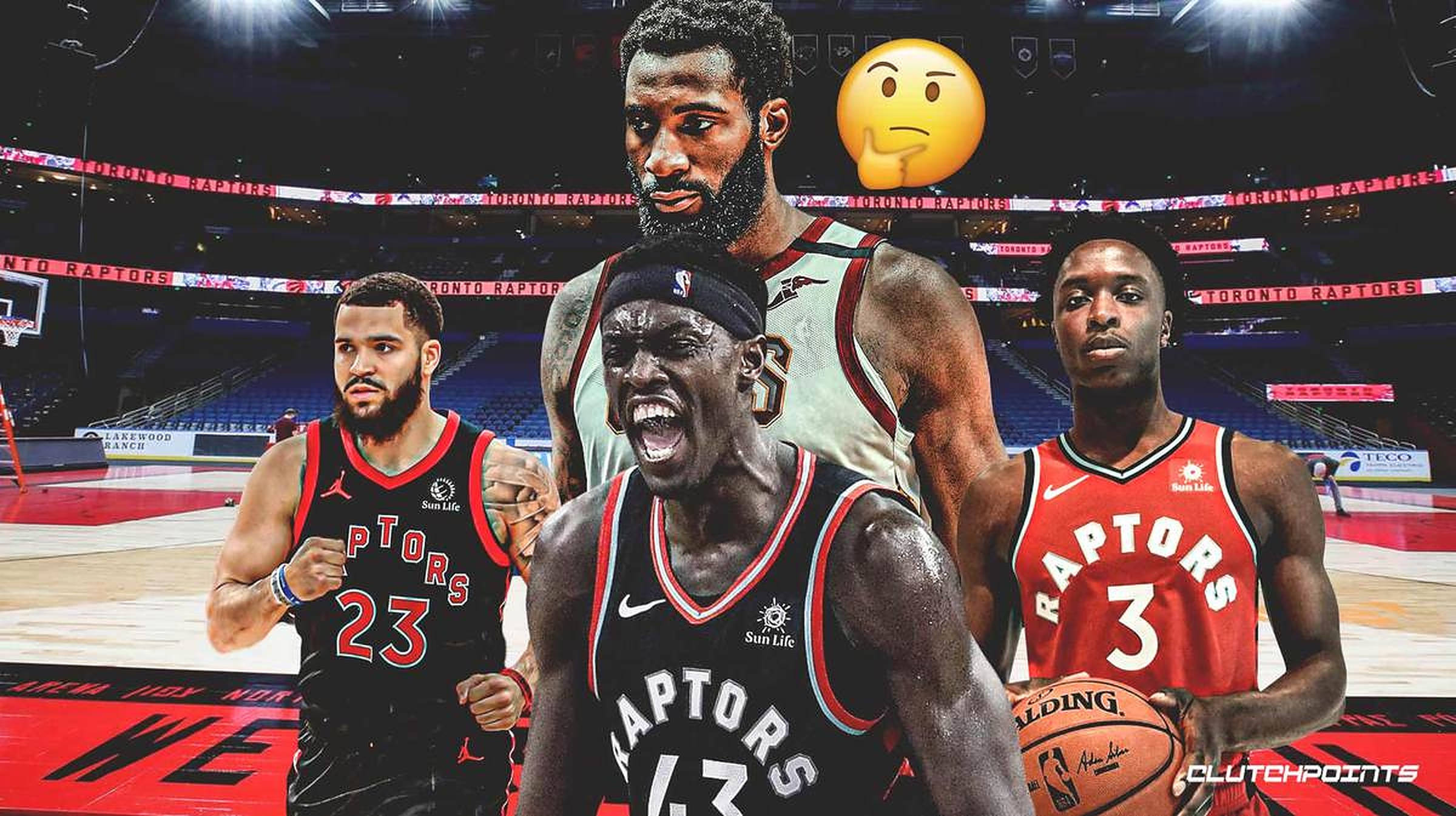 Fred Vanvleet 與暴龍隊隊友 壁紙 — 四位多倫多速龍隊籃球球員在球場上擺出動作姿勢，其中一位球員上方漂浮著一個思考中的表情符號。
