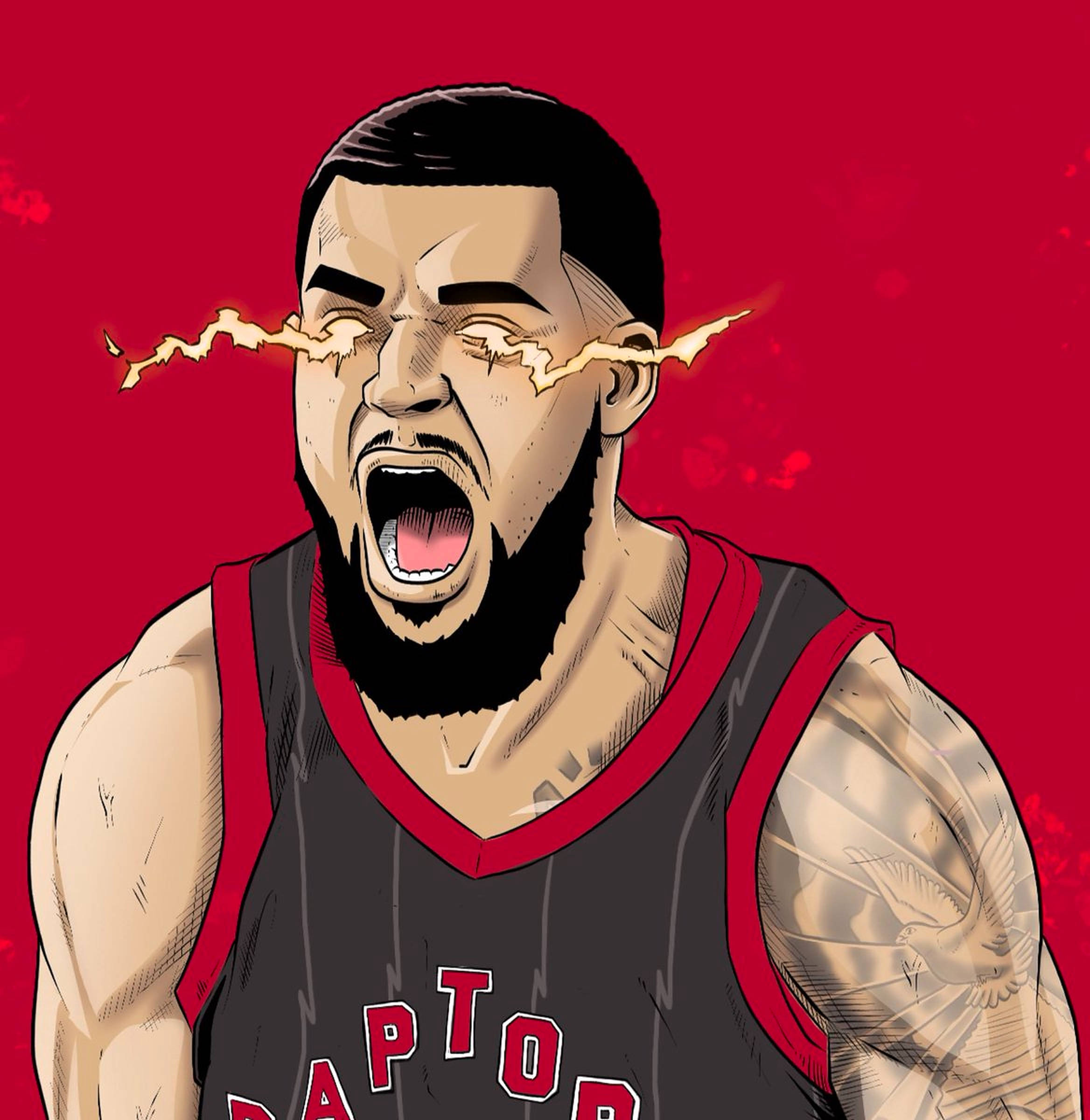 Fred Vanvleet 雷電藝術 壁紙 — 一名身穿速龍隊球衣的兇猛籃球運動員在鮮紅色背景下咆哮，眼睛射出閃電。
