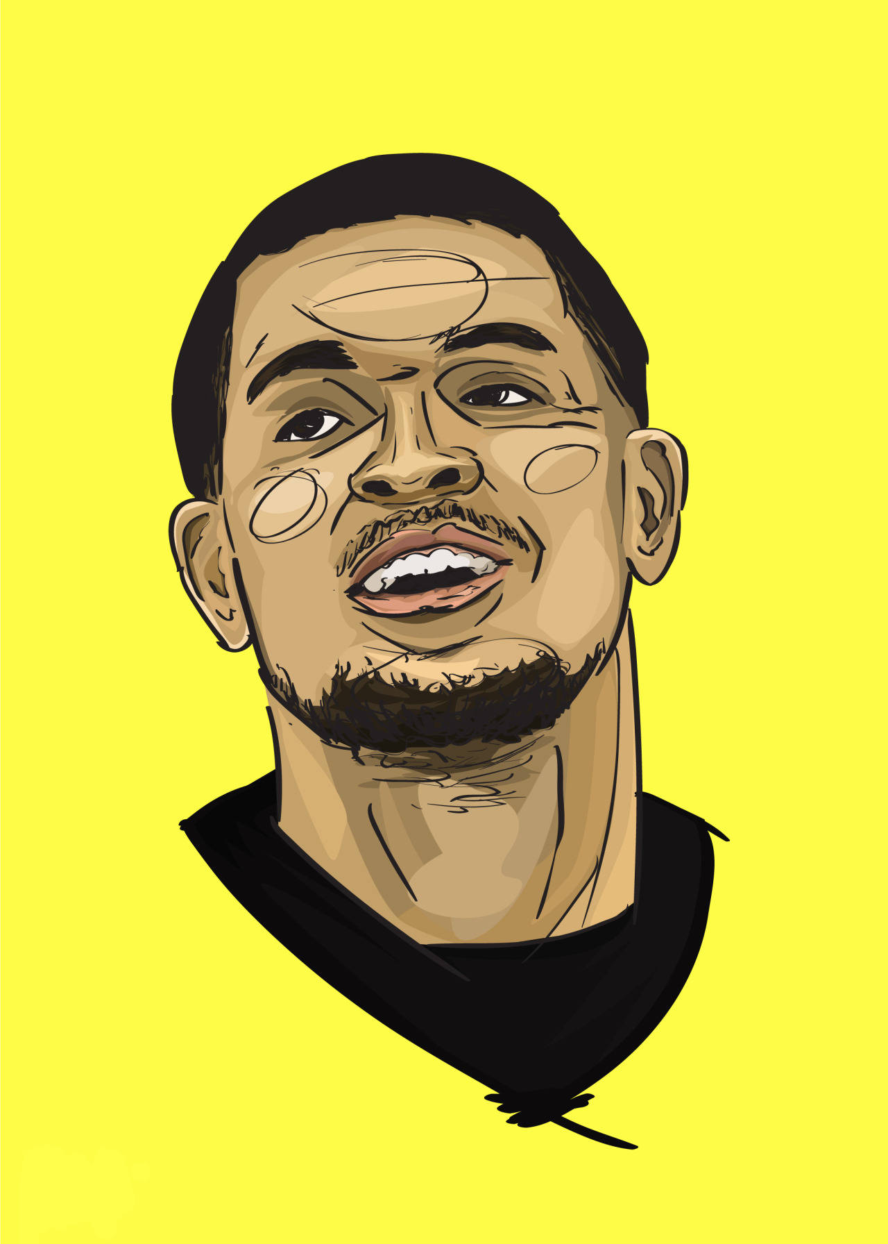 Fred Vanvleet 黃色素描藝術 壁紙 — 一個風格化的插圖，描繪一位留鬍鬚的微笑男士，背景為明亮的黃色。
