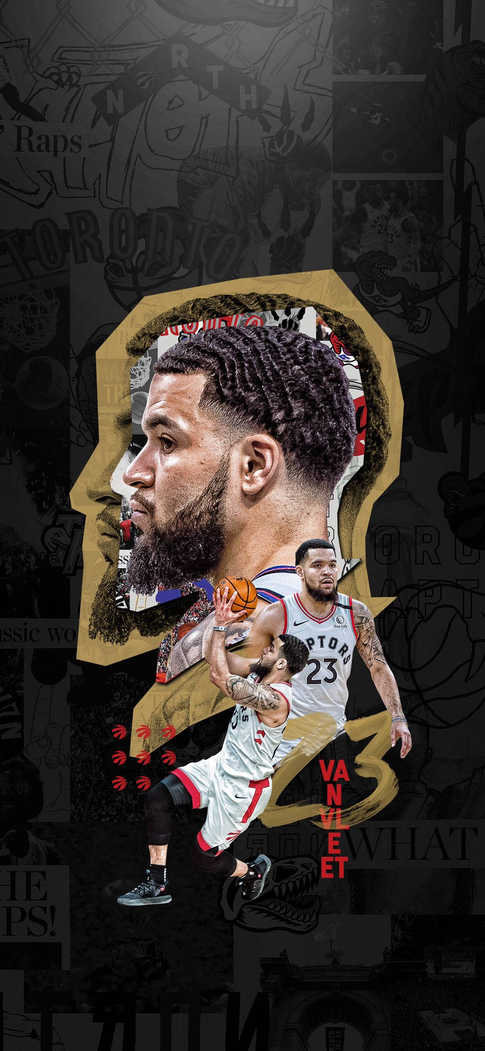Fred Vanvleet 黑色海報 壁紙 — 一個動態拼貼畫，展示籃球運動員弗雷德·範弗利特的動作姿勢，他的名字和23號在粗獷的城市塗鴉背景上突出顯示。