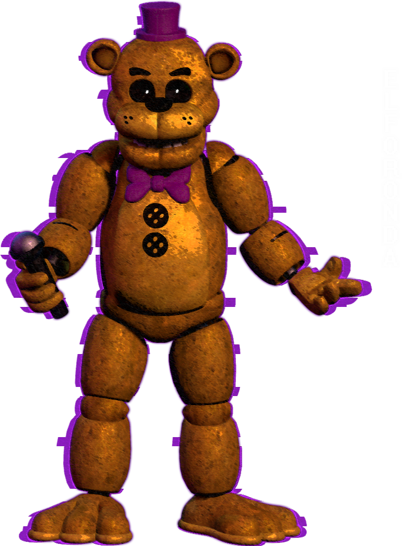 Fredbear動畫角色渲染圖 壁紙 — 一隻破舊的棕色電子熊，戴著紫色高帽、蝴蝶結和拿著咪高峰，站在充滿活力的紫色背景前。