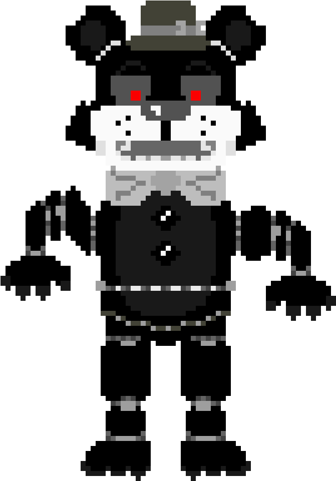 像素風格Fredbear角色 壁紙 — 一隻像素化的黑白熊，戴著高帽和西裝，眼睛發出紅光，站在深色背景前。