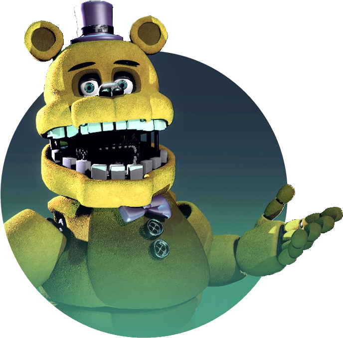 Fredbear動態機械熊角色 壁紙 — 一隻帶有高帽和領結的威脅性黃色機械熊，在深藍綠色漸變背景上露出機械牙齒。