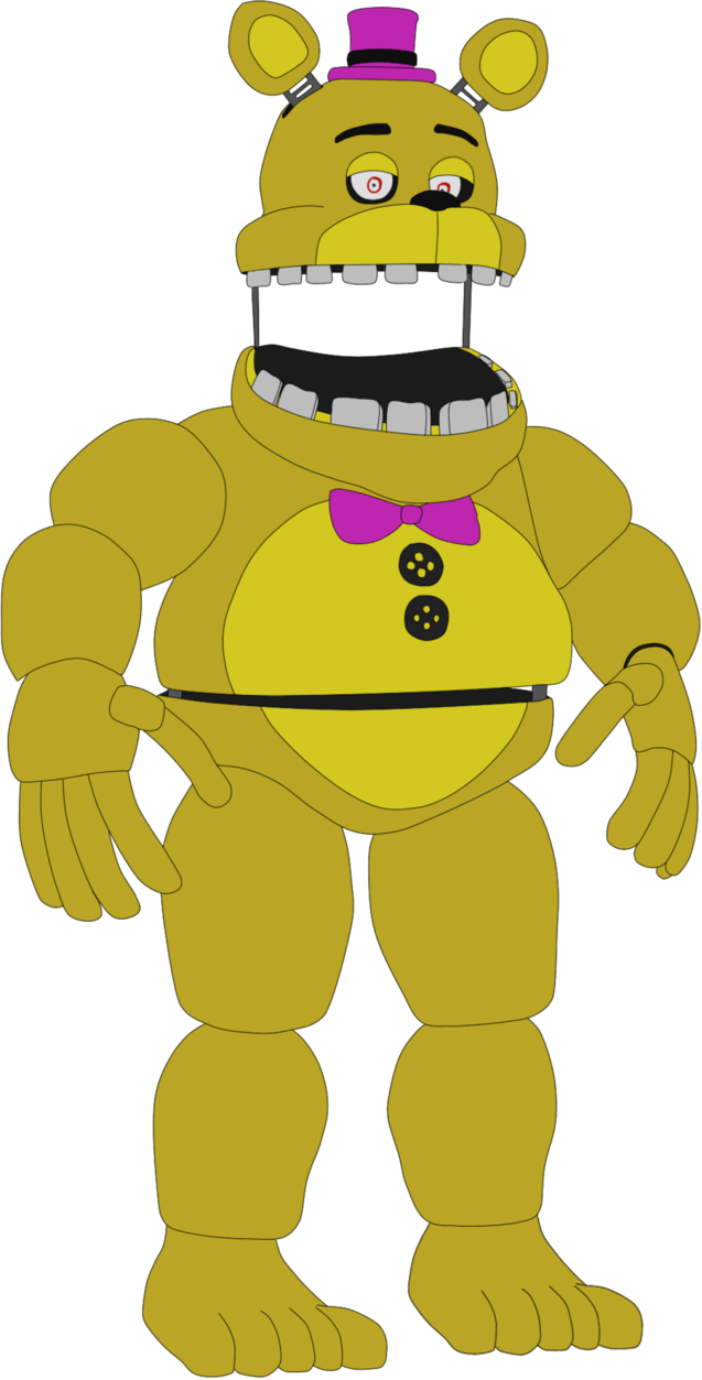 Fredbear 動畫角色 壁紙 — 一隻黃色電子熊，戴著紫色高帽和蝴蝶結，露出寬闊的牙齒笑容，站在黑色背景前。