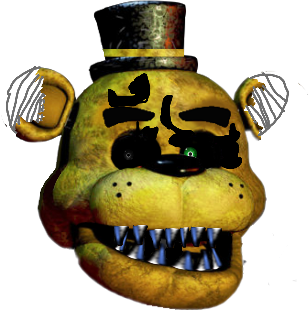 Fredbear動態機械熊頭部特寫 壁紙 — 一隻帶有發光綠色眼睛和鋒利金屬牙齒的威脅性黃色電子熊，背景為黑色。