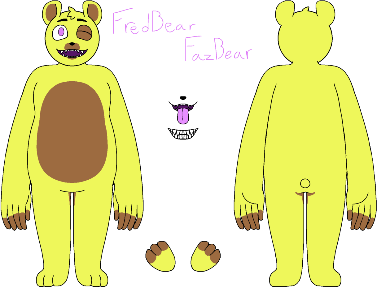 Fredbear與Fazbear角色設計 壁紙 — 兩隻卡通熊，一隻正面有紫色眼睛和棕色肚子，另一隻背面有紫色舌頭和腳，散落在黑色背景上。