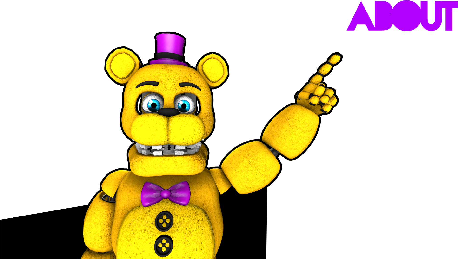 Fredbear動畫角色指向上方 壁紙 — 一隻黃色機械熊戴着紫色高帽和蝴蝶結，在黑色背景上向上指。