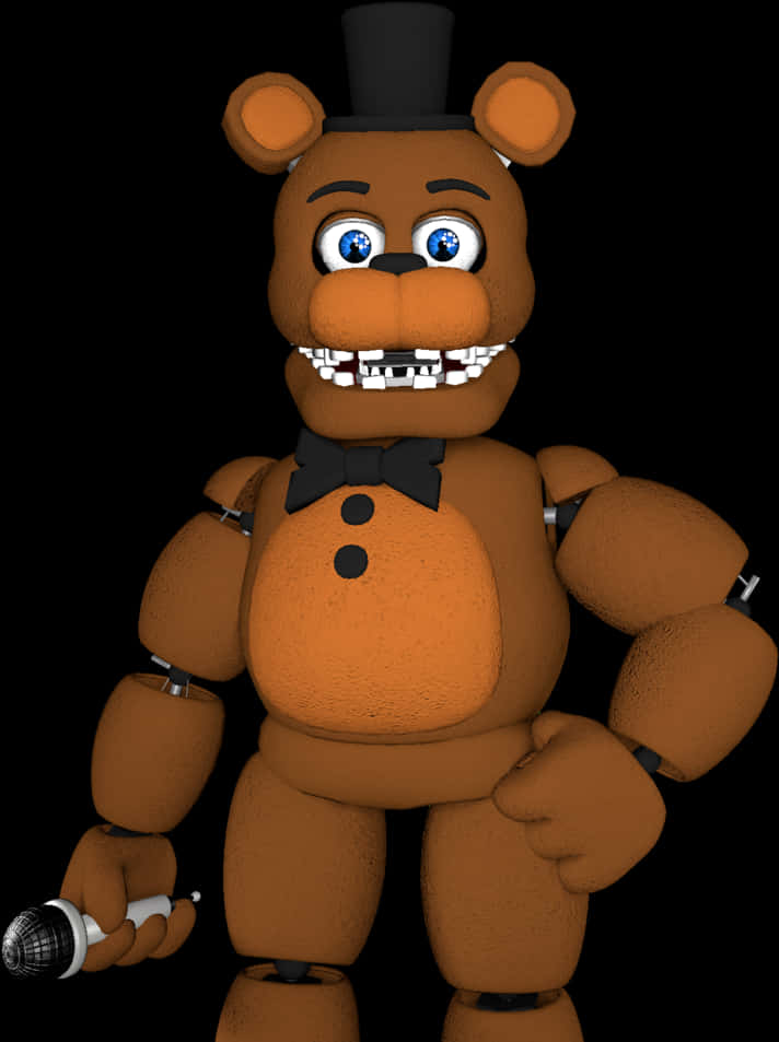Freddy Fazbear 3D 模型 壁紙 — 一隻戴著高帽和領結的兇猛棕色機械熊在黑色背景前拿著咪高峰。