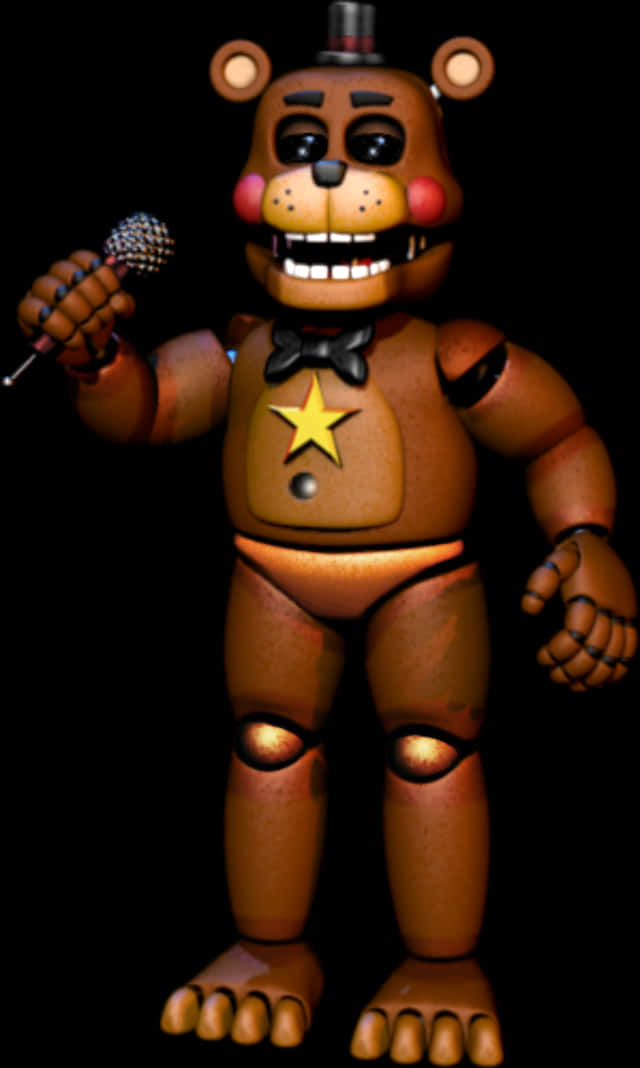 手持麥克風的Freddy Fazbear 壁紙 — 一隻帶有高帽和咪高峰的威脅性棕色電子熊站在黑色背景前。