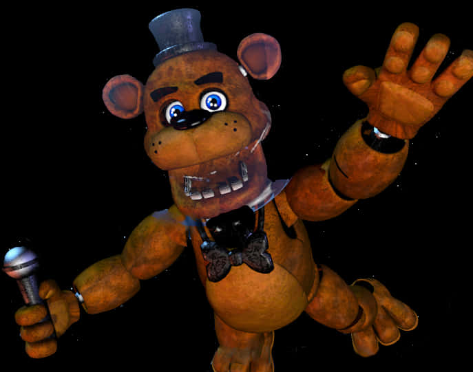 Freddy Fazbear FNaF 角色 壁紙 — 一隻磨損的電子熊，戴著高帽和領結，在黑色背景前揮手並拿著麥克風。
