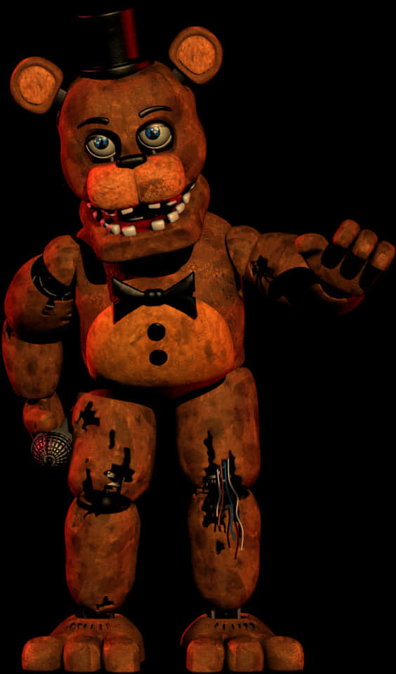 Freddy Fazbear FNaF 角色 壁紙 — 一隻破舊的鏽褐色電子熊，發著藍光的眼睛，戴著高頂帽，站在黑色背景前。