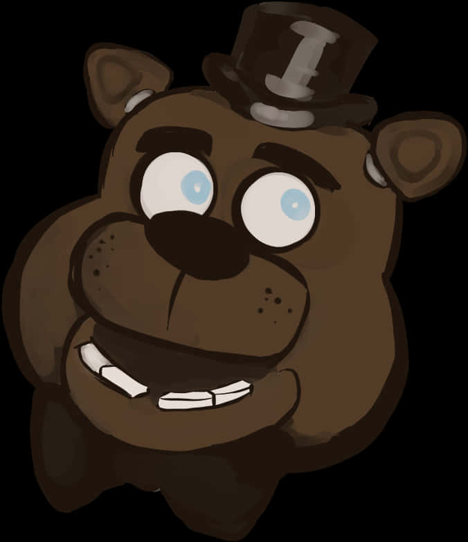 Freddy Fazbear肖像 壁紙 — 一隻卡通棕色熊，藍色眼睛，戴著高帽，在黑色背景上微笑。
