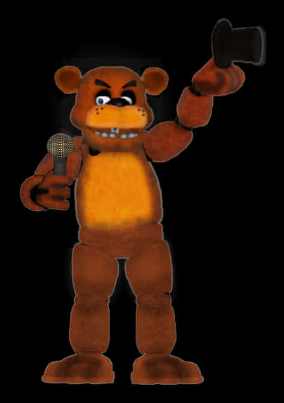 Freddy Fazbear手持麥克風與禮帽 壁紙 — 一隻帶有發光眼睛的威脅性棕色電子熊，在黑色背景前拿著麥克風和高頂帽。
