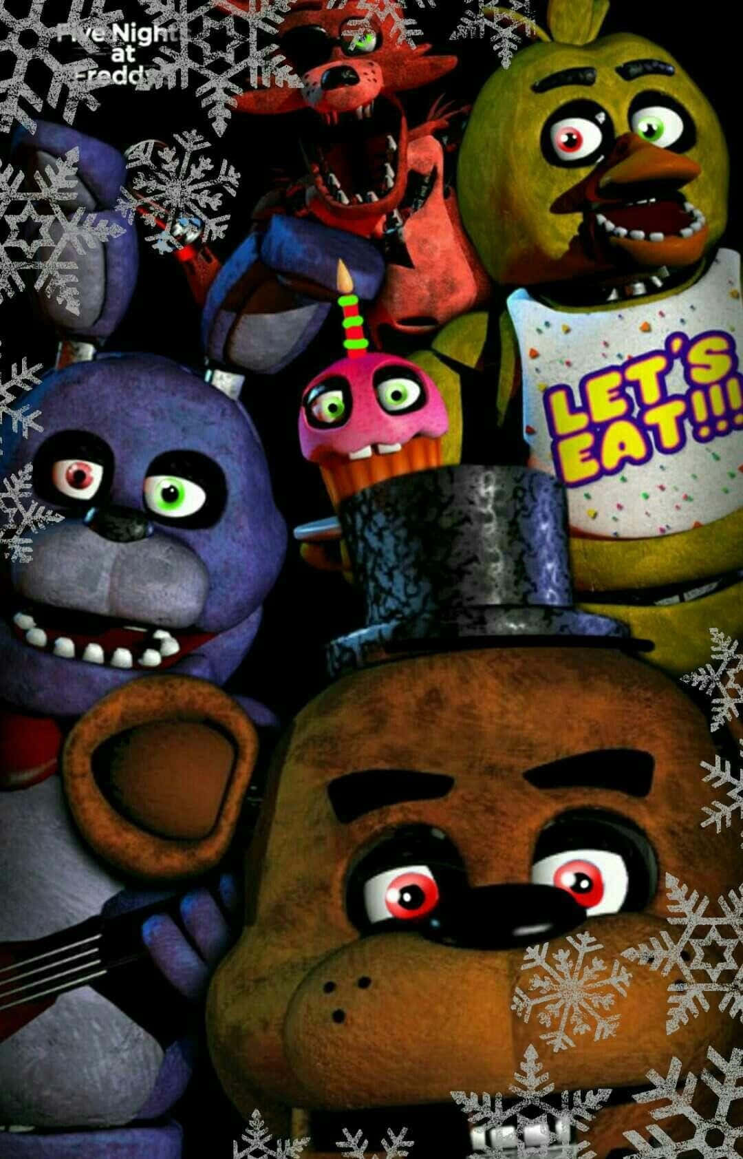 Ultimate Custom Night 桌布 壁紙 — Freddy Fazbear 和機械動物朋友們在飄落的雪花中露出威脅的笑容，構成一個寒冷的節日場景。