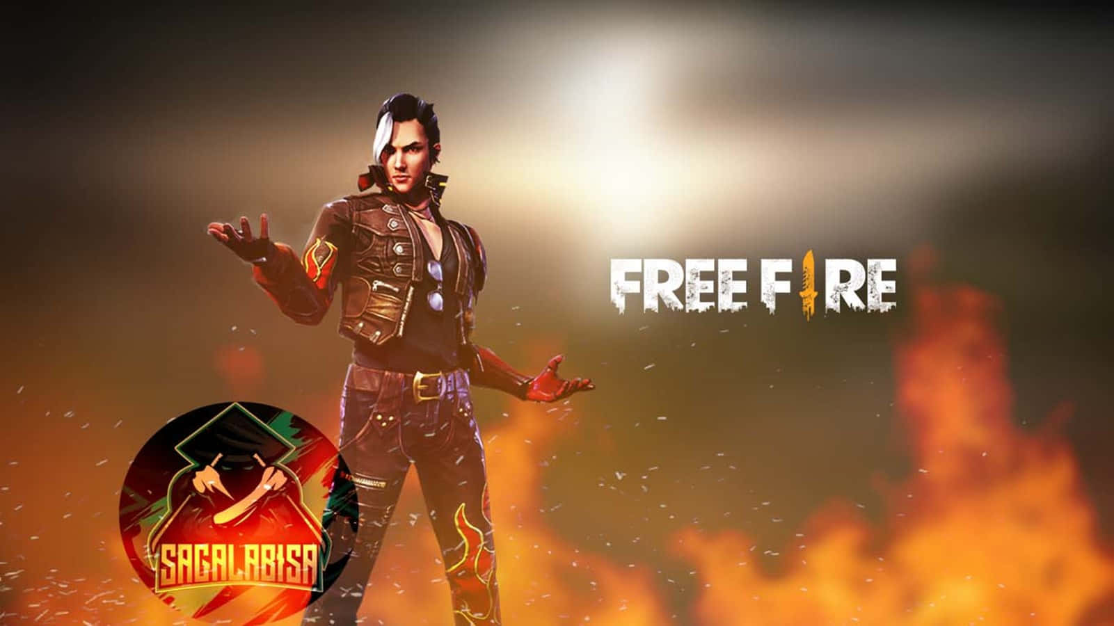 Free Fire 海牙托風景海報 壁紙 — 一個火熱的遊戲角色穿著皮革裝備，站在熾熱的橙色背景前，帶有「FREE FIRE」文字。