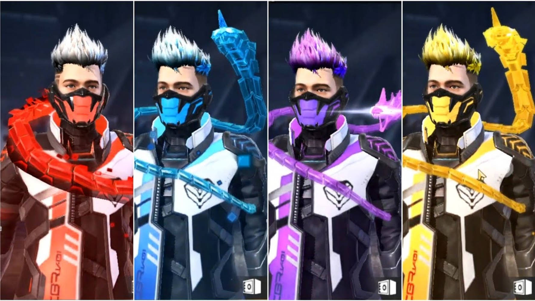 Free Fire 蝰蛇多色拼貼 壁紙 — 四位未來風格的蒙面戰士身穿鮮豔彩色盔甲，各自揮舞發光能量武器，背景為黑暗。