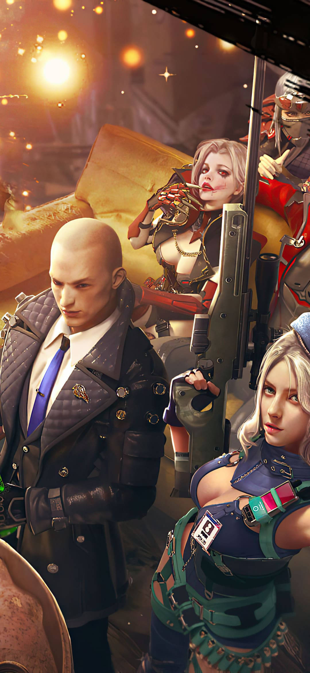 Free Fire 2021 四角色合照 壁紙 — 一群風格化的動漫角色穿著未來風格的戰鬥裝備，站在溫暖照明的城市環境中，周圍有發光的燈光和火花。