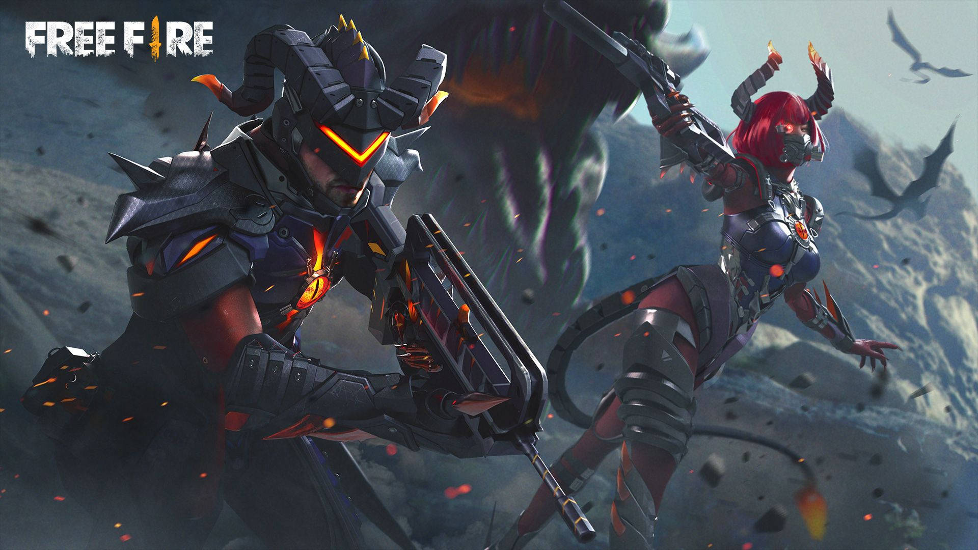 Free Fire 2021 角色戰鬥 壁紙 — 兩名身穿未來裝備的裝甲玩家在岩石懸崖上與巨型怪物和飛行生物戰鬥。