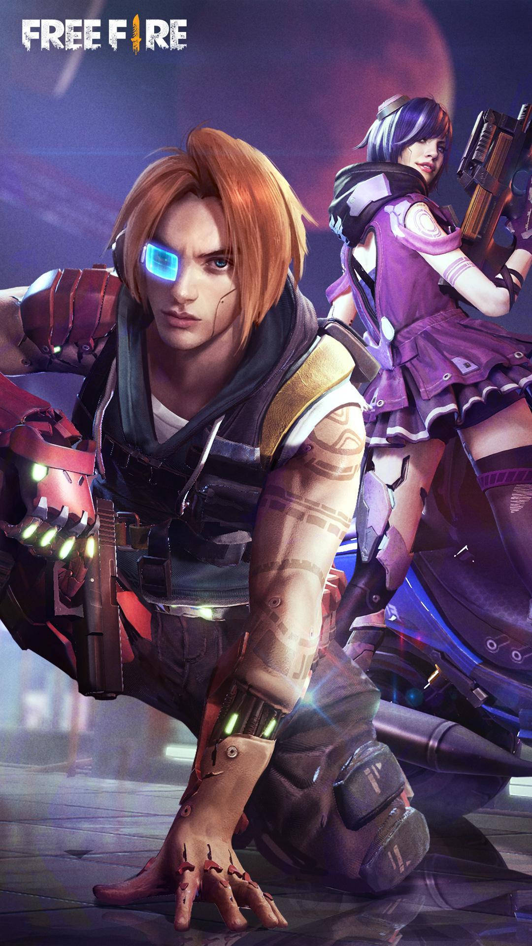 Free Fire 2021 角色戲劇姿勢 壁紙 — 兩位動漫風格的玩家身穿未來裝備，在霓虹燈下蹲伏準備戰鬥。