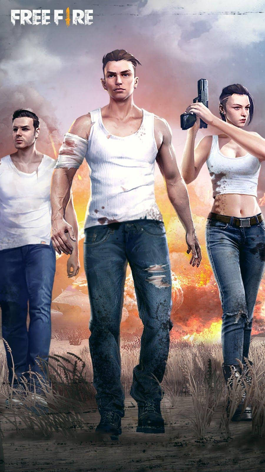 Free Fire 3D 角色穿破爛衣物 壁紙 — 三位經歷戰鬥的遊戲玩家穿著破爛的白色背心和牛仔褲，在暴風雨的天空下，挑釁地站在一片火海中。