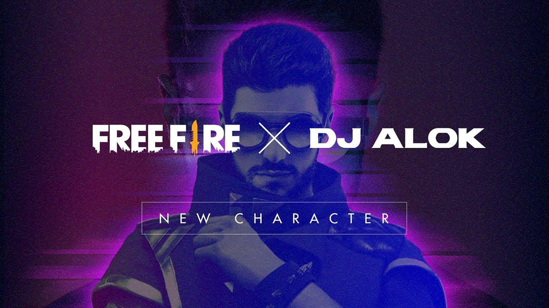 Free Fire Alok 獨家新角色 壁紙 — 一名戴著太陽眼鏡和連帽衫的男子在霓虹紫光下發光，帶有「FREE FIRE x DJ ALOK」文字。