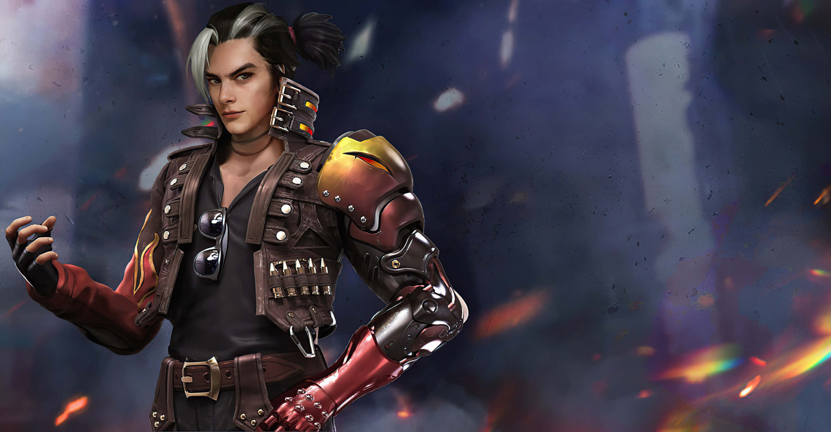 Free Fire 海ato 高畫質海報 壁紙 — 一位擁有銀色頭髮和機械手臂的賽博龐克戰士，自信地站在煙霧繚繞、火焰熊熊的背景前。
