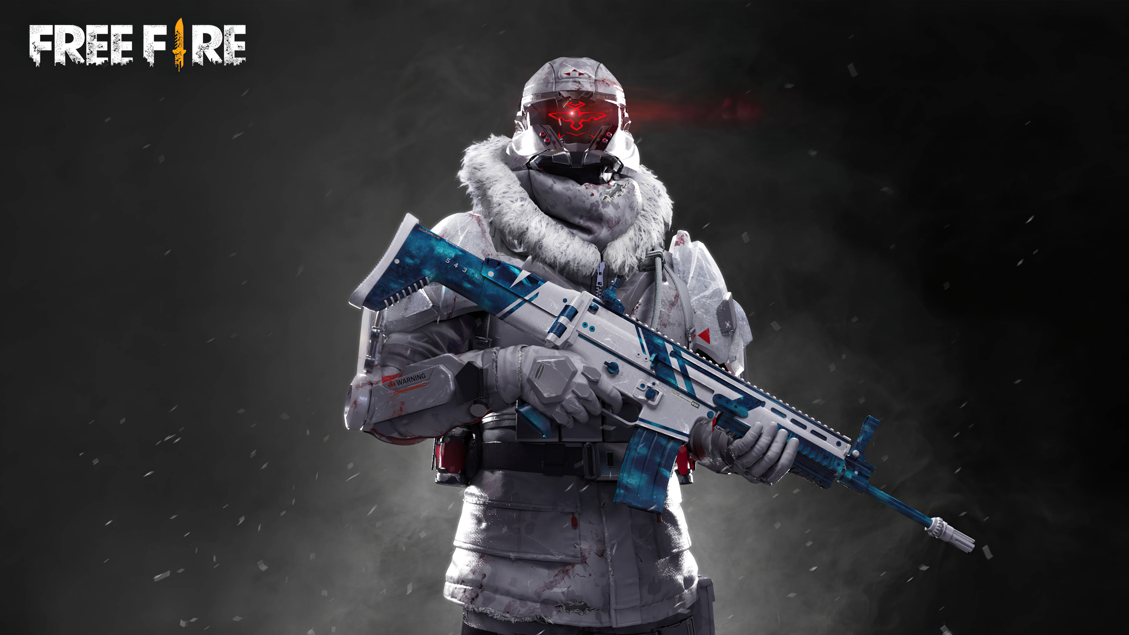 Free Fire 冬日戰士皮膚套裝 壁紙 — 一名被雪覆蓋的士兵，戴著未來風格的頭盔，眼睛發出紅光，在黑暗煙霧背景中手持藍白相間的突擊步槍。