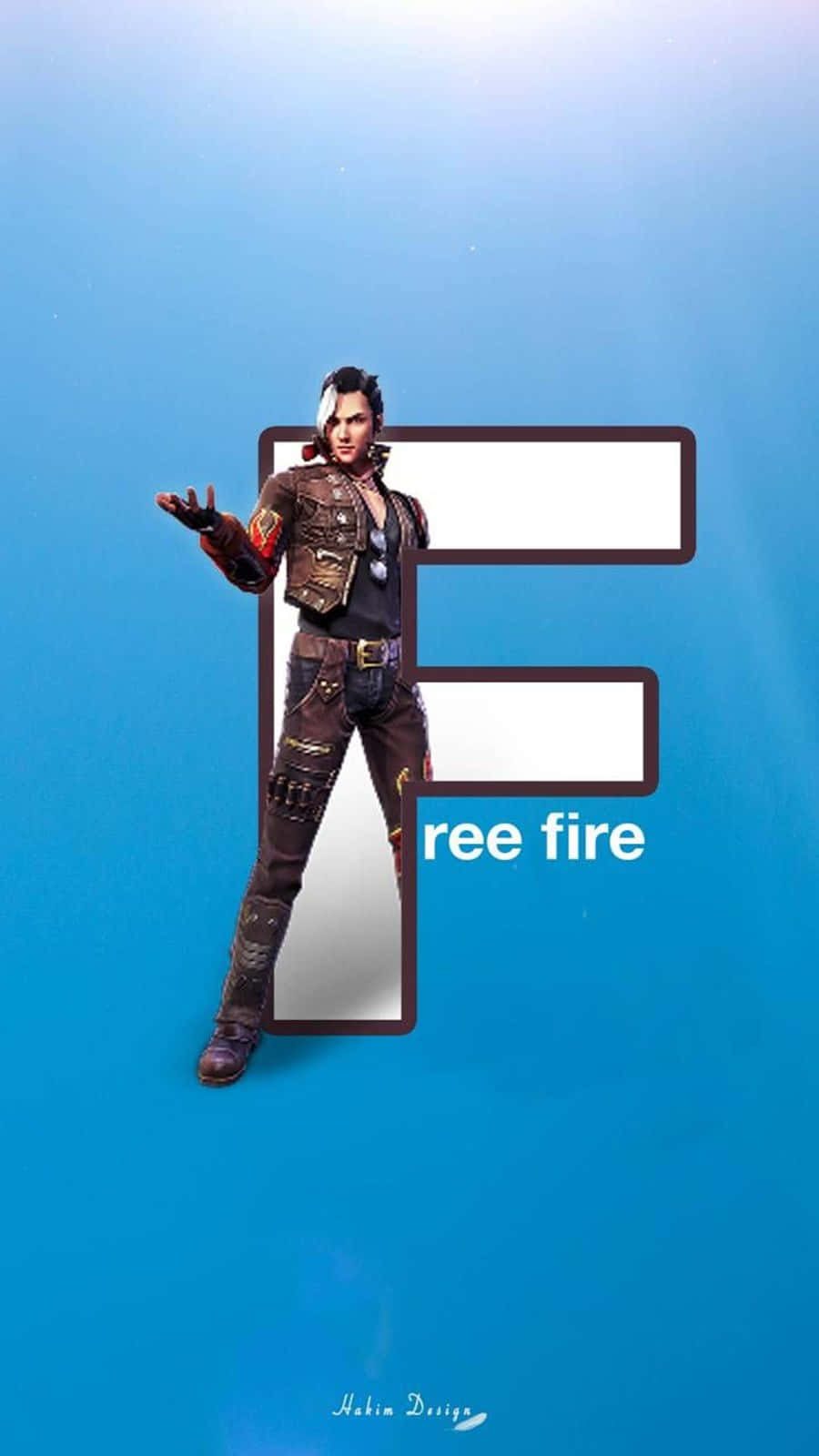 Free Fire 海牙托粉絲藝術 壁紙 — 一個風格化的電子遊戲角色穿著堅固裝備，自信地站在一個巨大的字母F內，背景是漸變藍色。