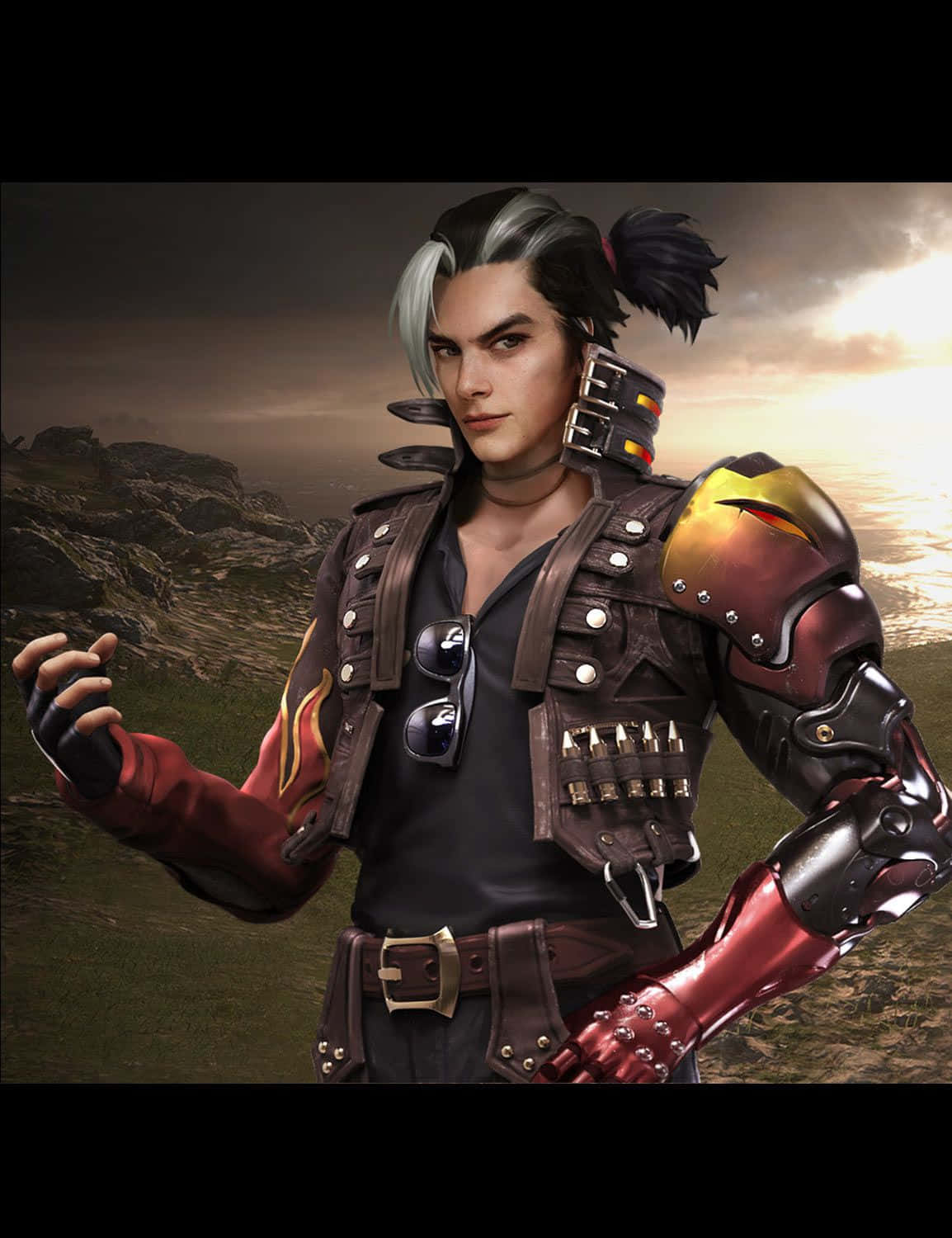 Free Fire 海牙托遊戲角色 壁紙 — 一位擁有銀黑髮色的賽博龐克戰士，在日落時分的崎嶇景觀中自信地站立，身穿紅黑盔甲和太陽眼鏡。