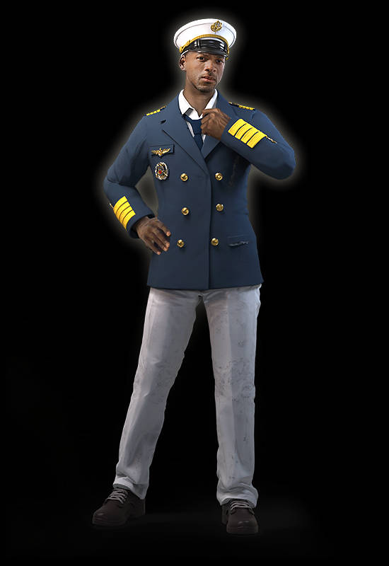 身穿制服的非裔美國海軍軍官，黑色背景。