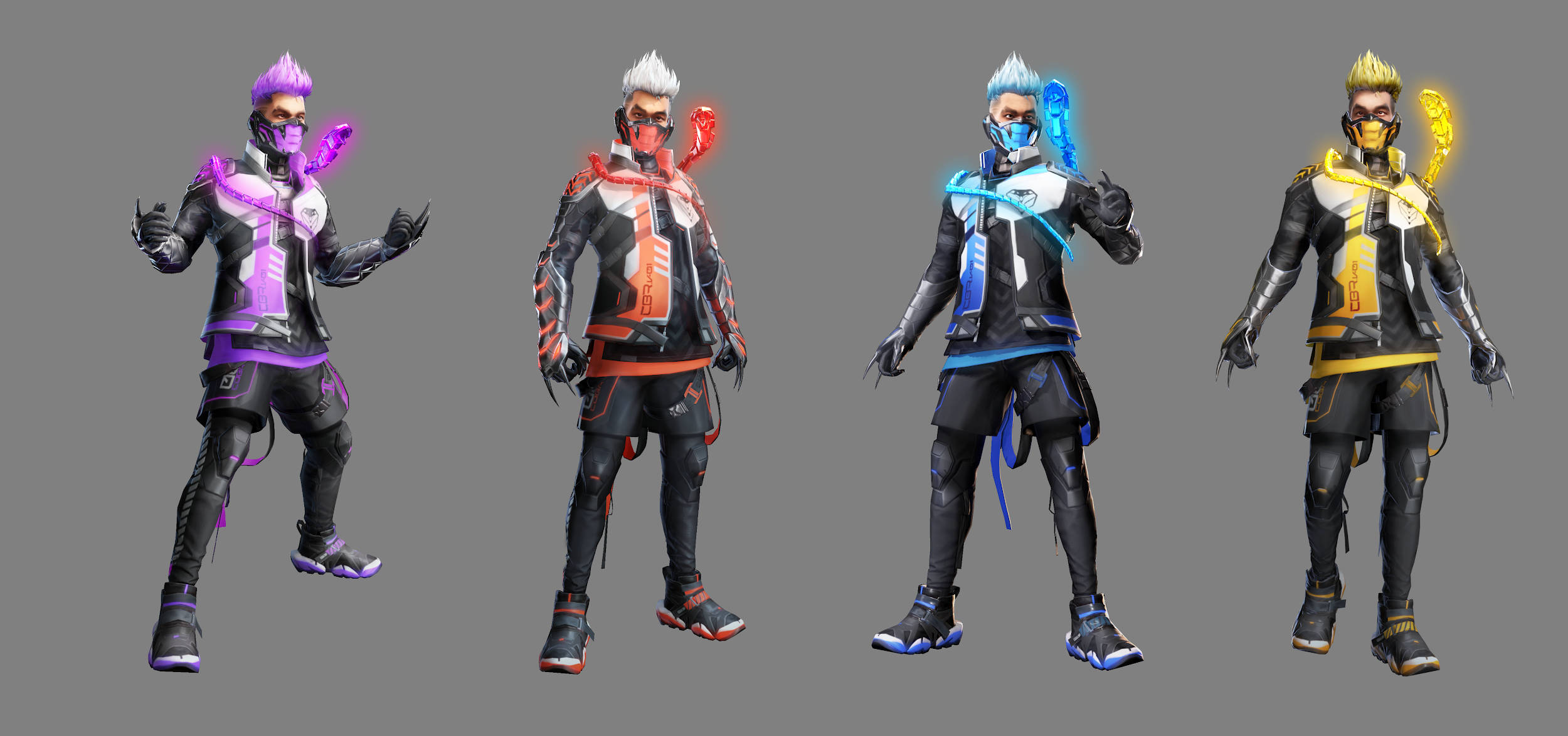 Free Fire 蝰蛇角色皮膚色調 壁紙 — 四個風格化的未來角色，身穿發光戰鬥裝備，在純灰色背景上動態擺姿勢。