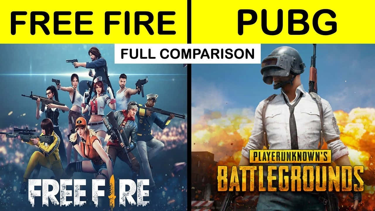  壁紙 — Free Fire 和 PUBG 的並排遊戲海報，以鮮豔背景展示武裝角色。