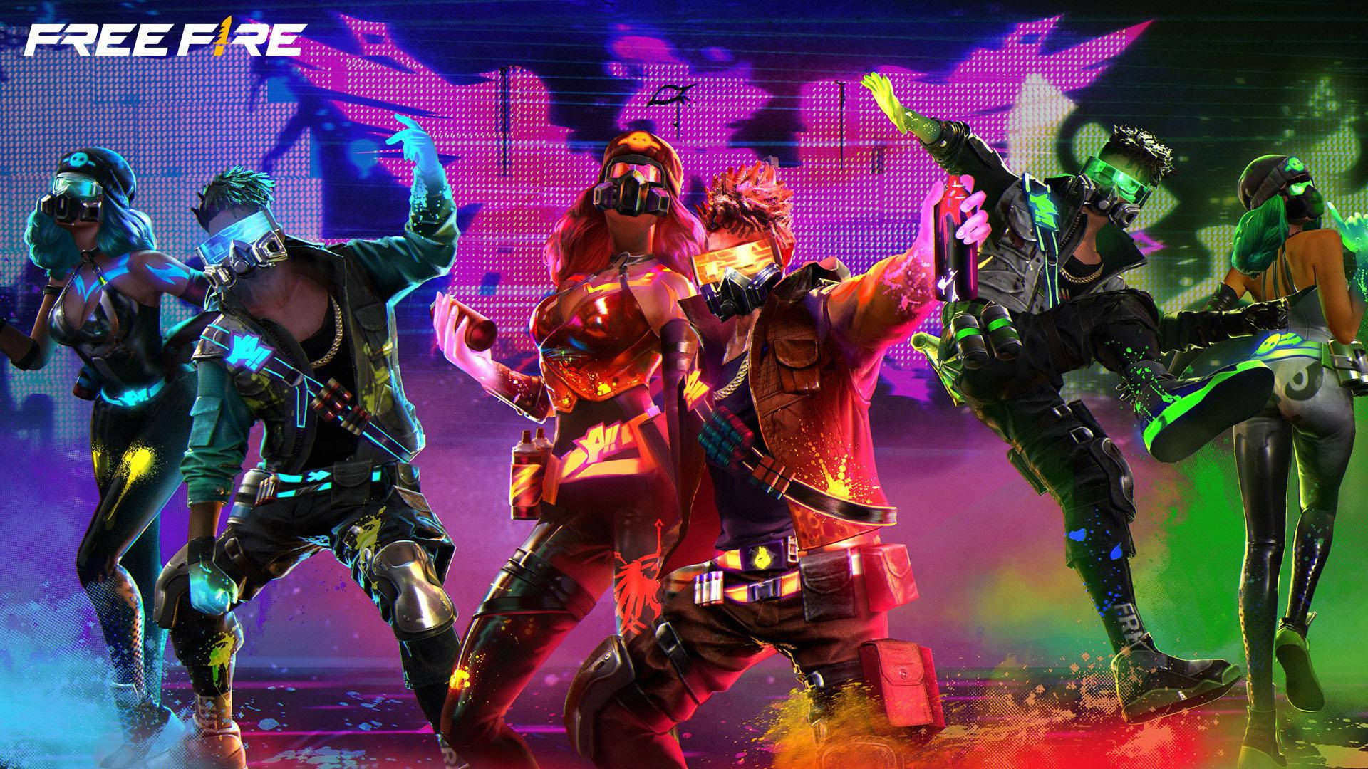 穿著霓虹裝備的遊戲角色在數位競技場中充滿活力地跳舞。